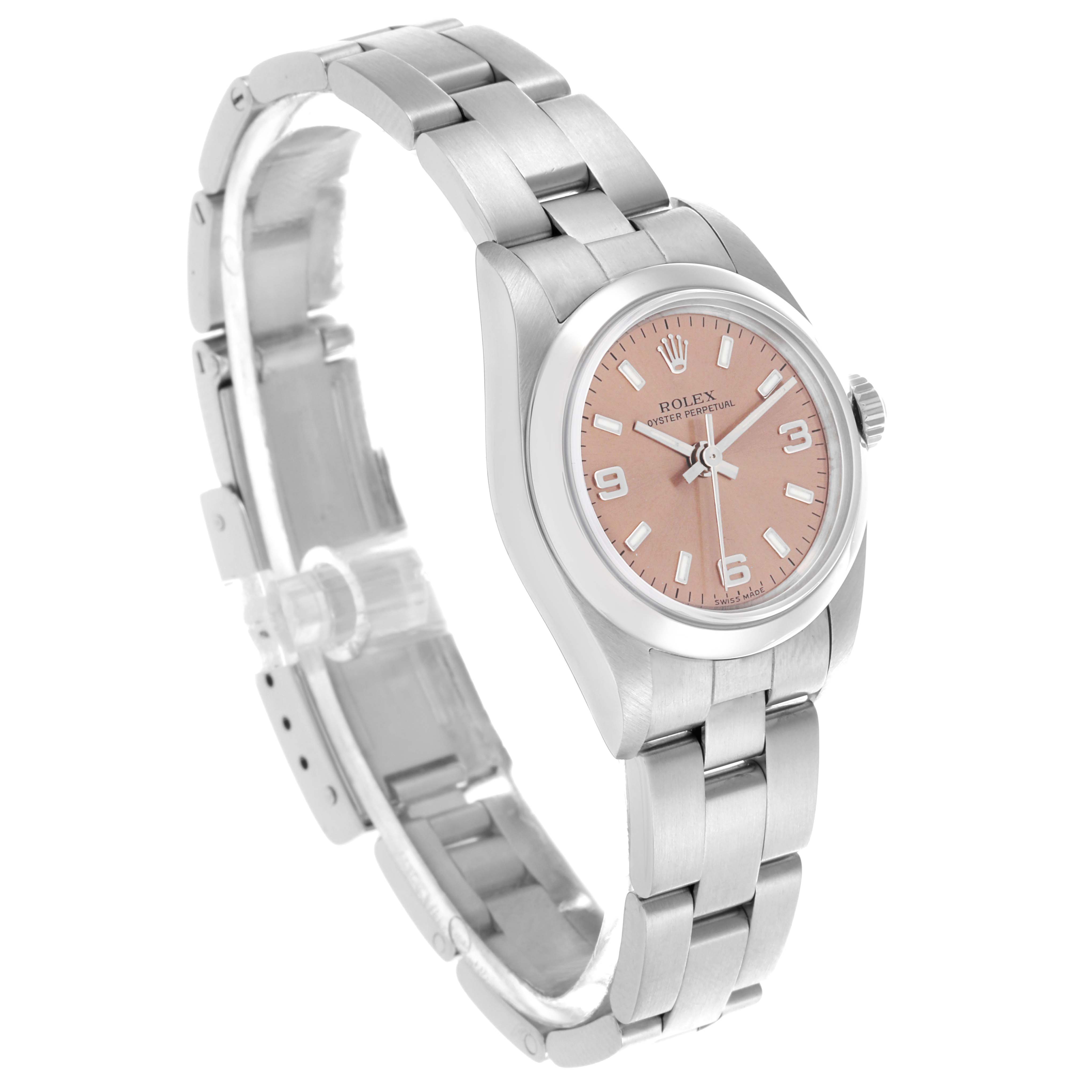 The Rolex Oyster Perpetual 76080 Women's Stainless Steel Pink Dial 76080 Women's Stainless Steel Pink Dial watch is shown at a three-quarter angle, displaying the dial, bezel, bracelet, and crown.