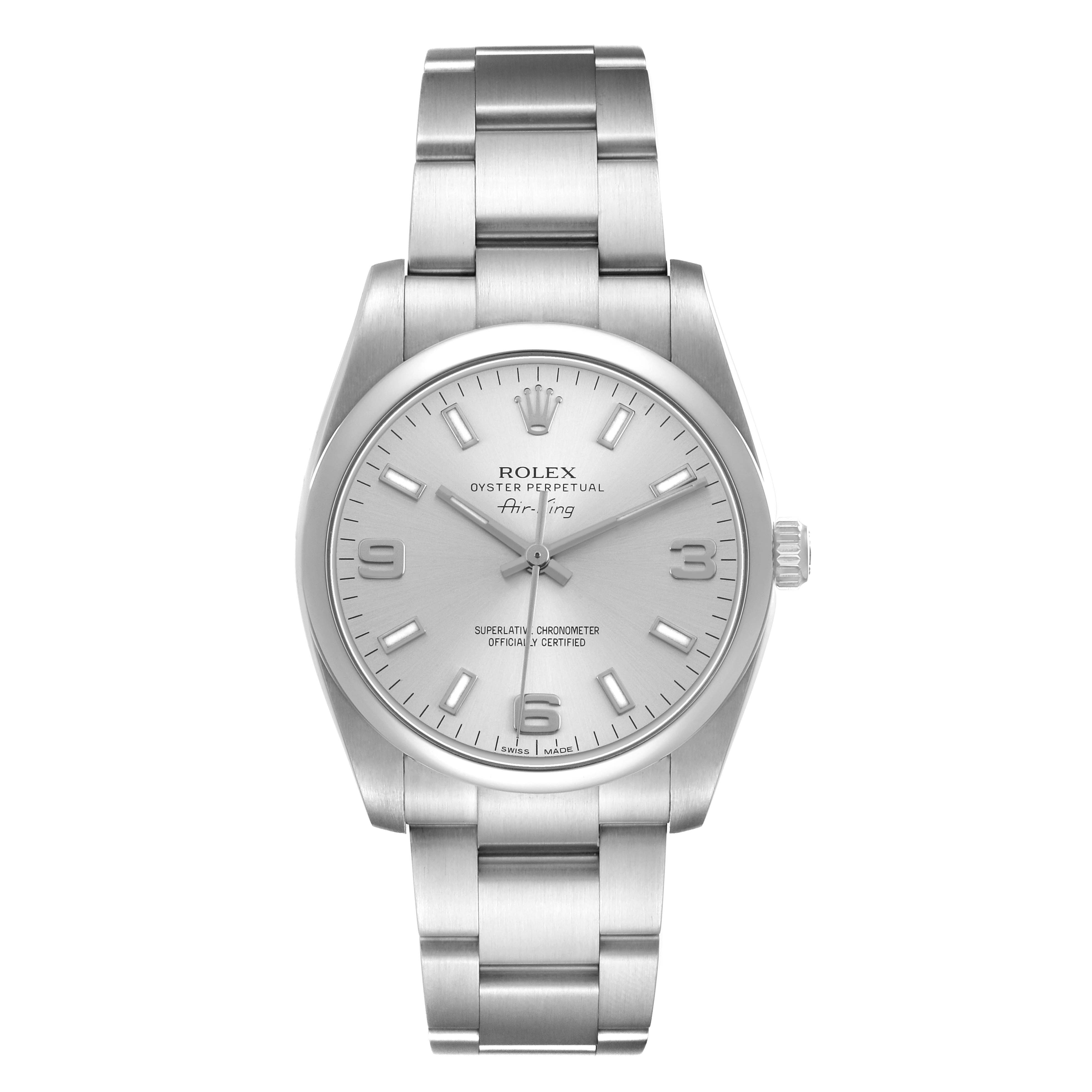 The Rolex Oyster Perpetual 114200 Men's Stainless Steel Silver Dial watch is shown from the front, displaying the face, bezel, crown, and bracelet.
