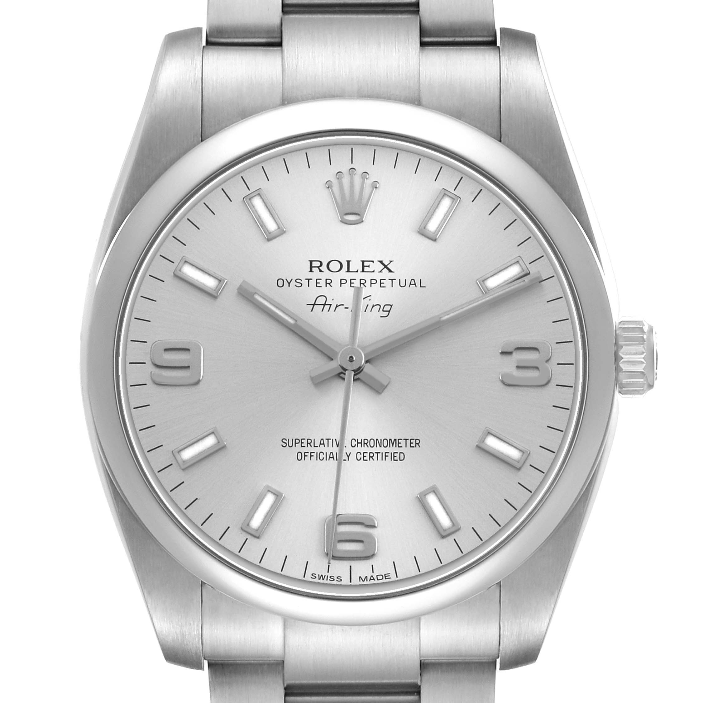 The image shows a front view of the Rolex Oyster Perpetual 114200 Men's Stainless Steel Silver Dial Air-King, displaying the dial, hands, and part of the bracelet.
