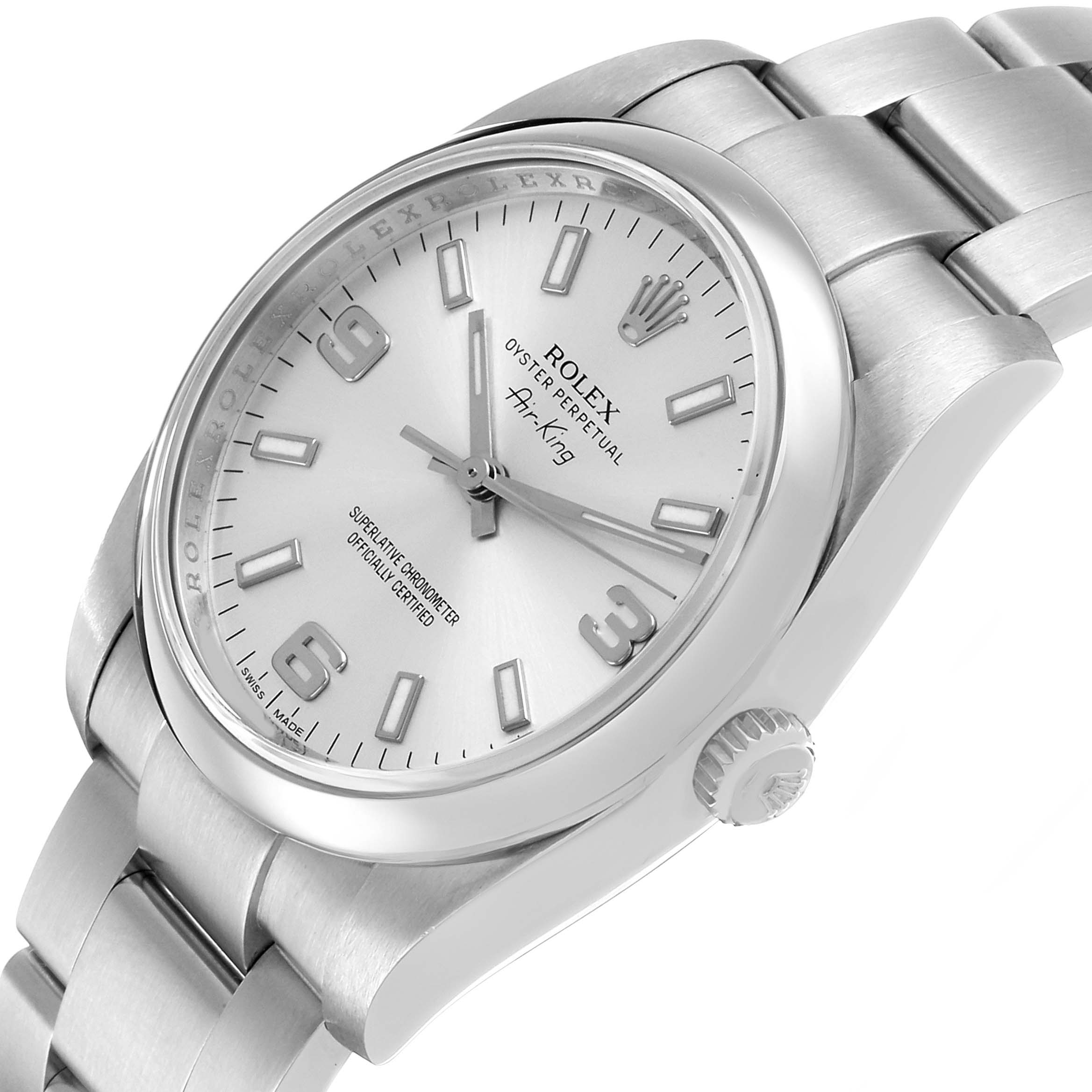 The Rolex Oyster Perpetual 114200 Men's Stainless Steel Silver Dial watch is shown at a slight angle, highlighting its dial, crown, and part of the bracelet.