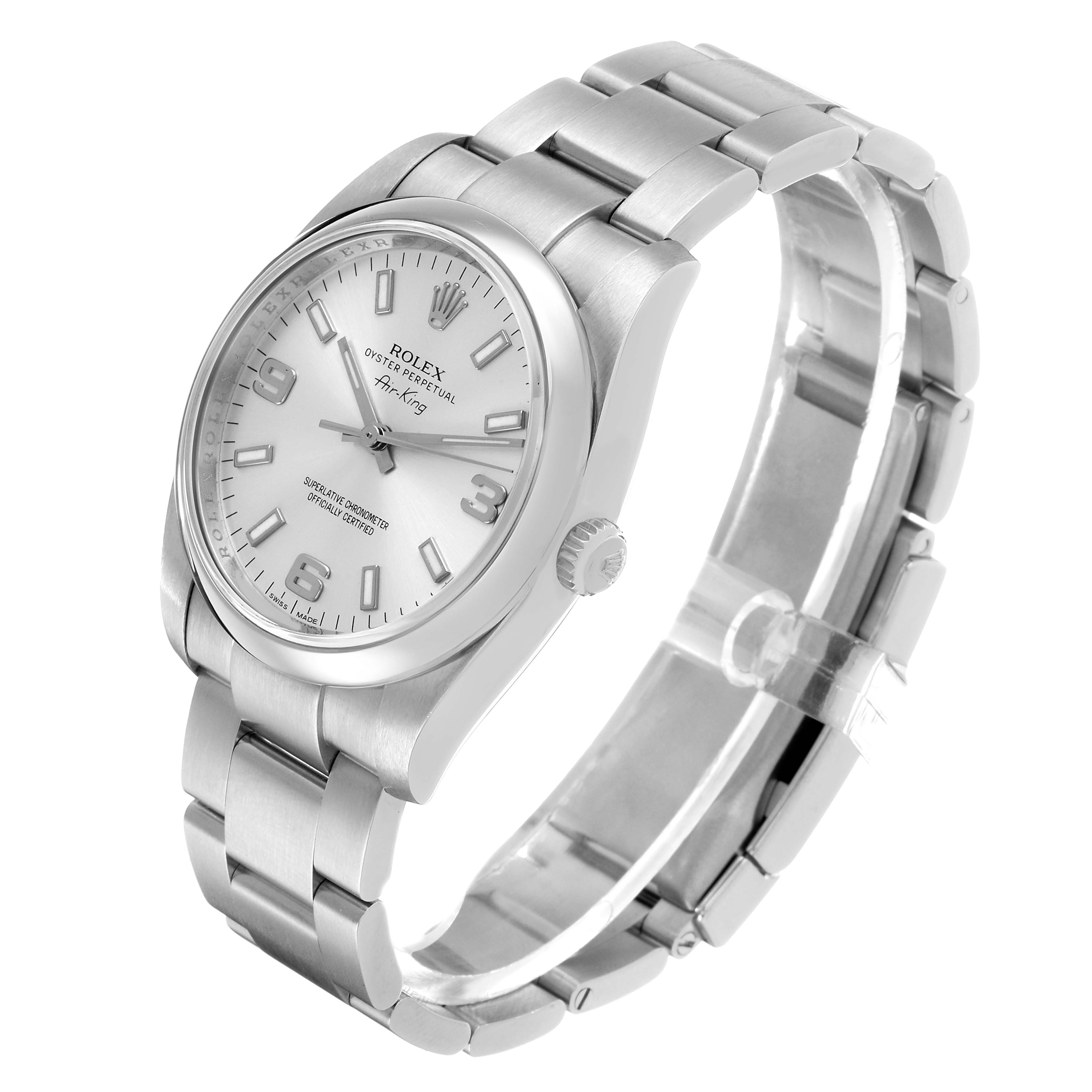 The image shows a side angle of a Rolex Oyster Perpetual 114200 Men's Stainless Steel Silver Dial watch, highlighting the bracelet, clasp, case, and crown.