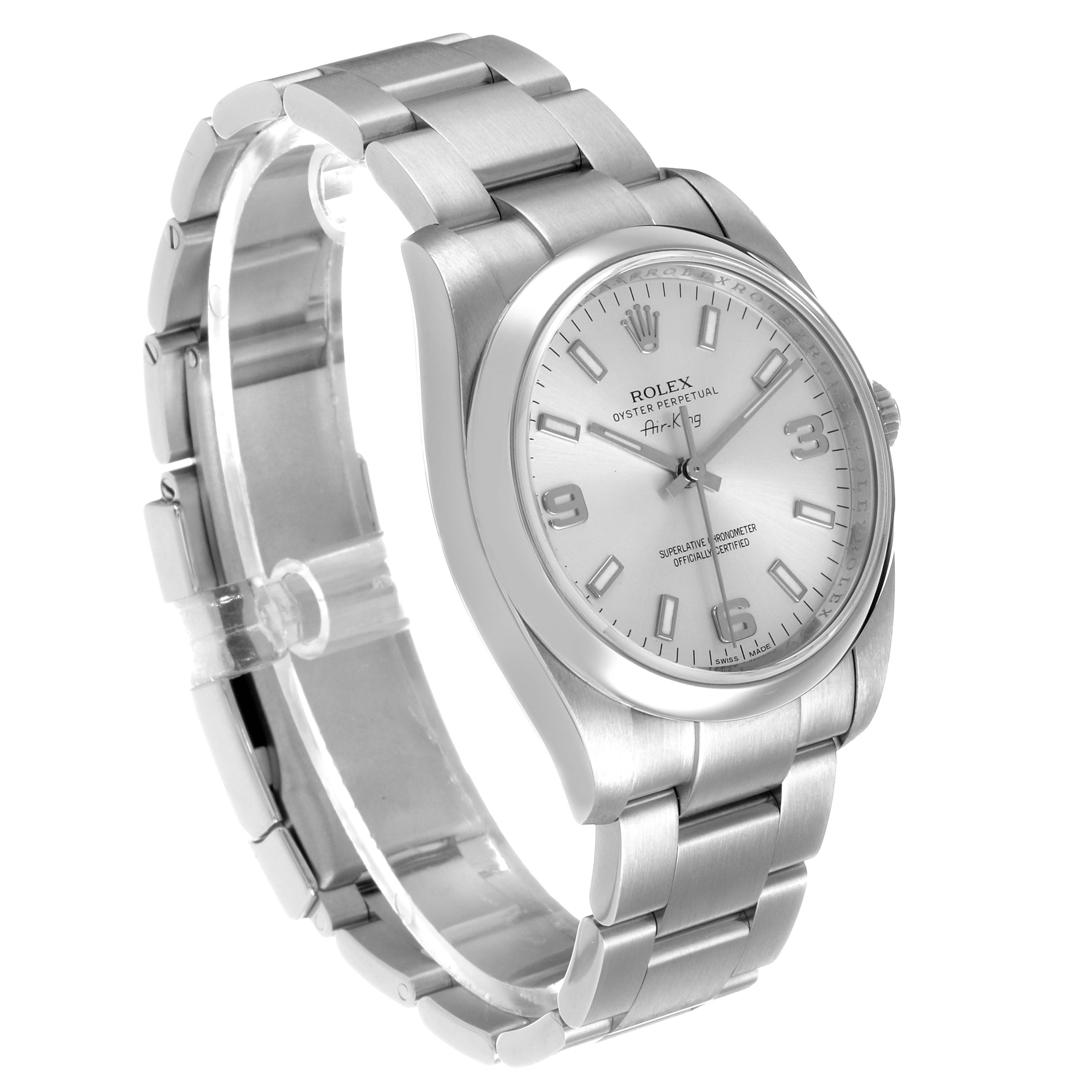 The Rolex Oyster Perpetual 114200 Men's Stainless Steel Silver Dial watch is shown at a slight angle, highlighting the face, bezel, and bracelet.