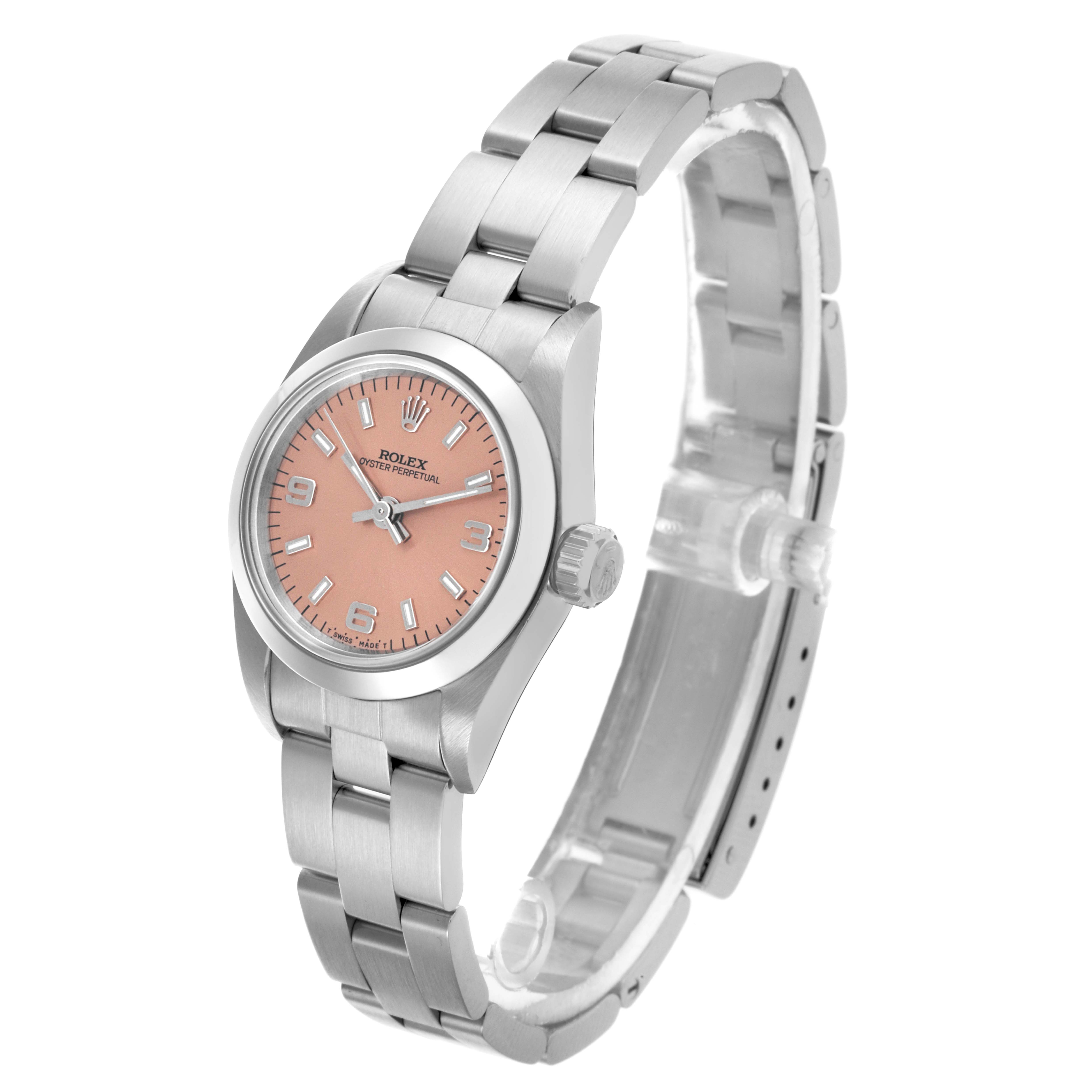 The Rolex Oyster Perpetual 67180 Women's Stainless Steel Pink Dial 67180 Women's Stainless Steel Pink Dial watch is shown at an angled view, displaying the face, bezel, crown, and bracelet.
