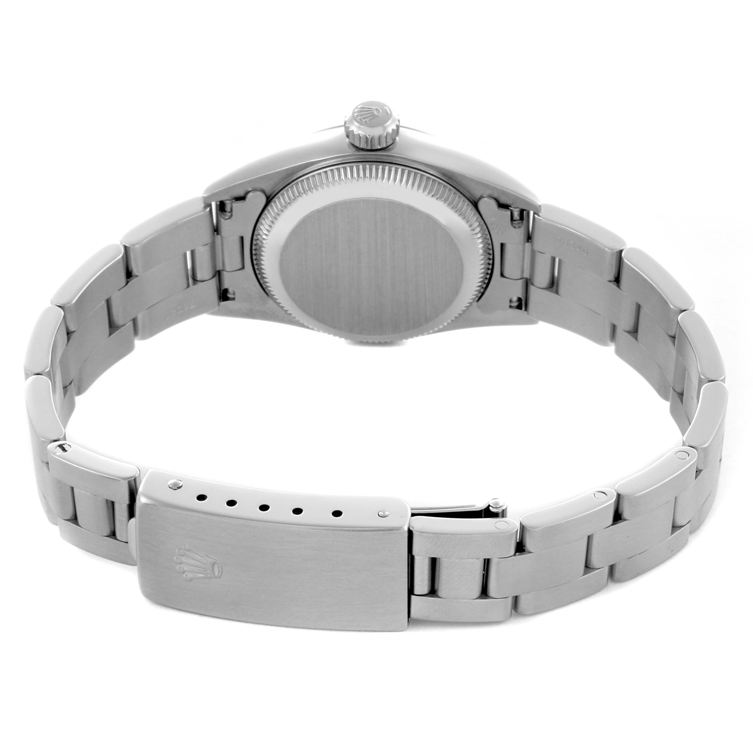 The image shows the back view of a Rolex Oyster Perpetual 67180 Women's Stainless Steel Pink Dial 67180 Women's Stainless Steel Pink Dial, highlighting the bracelet and clasp.