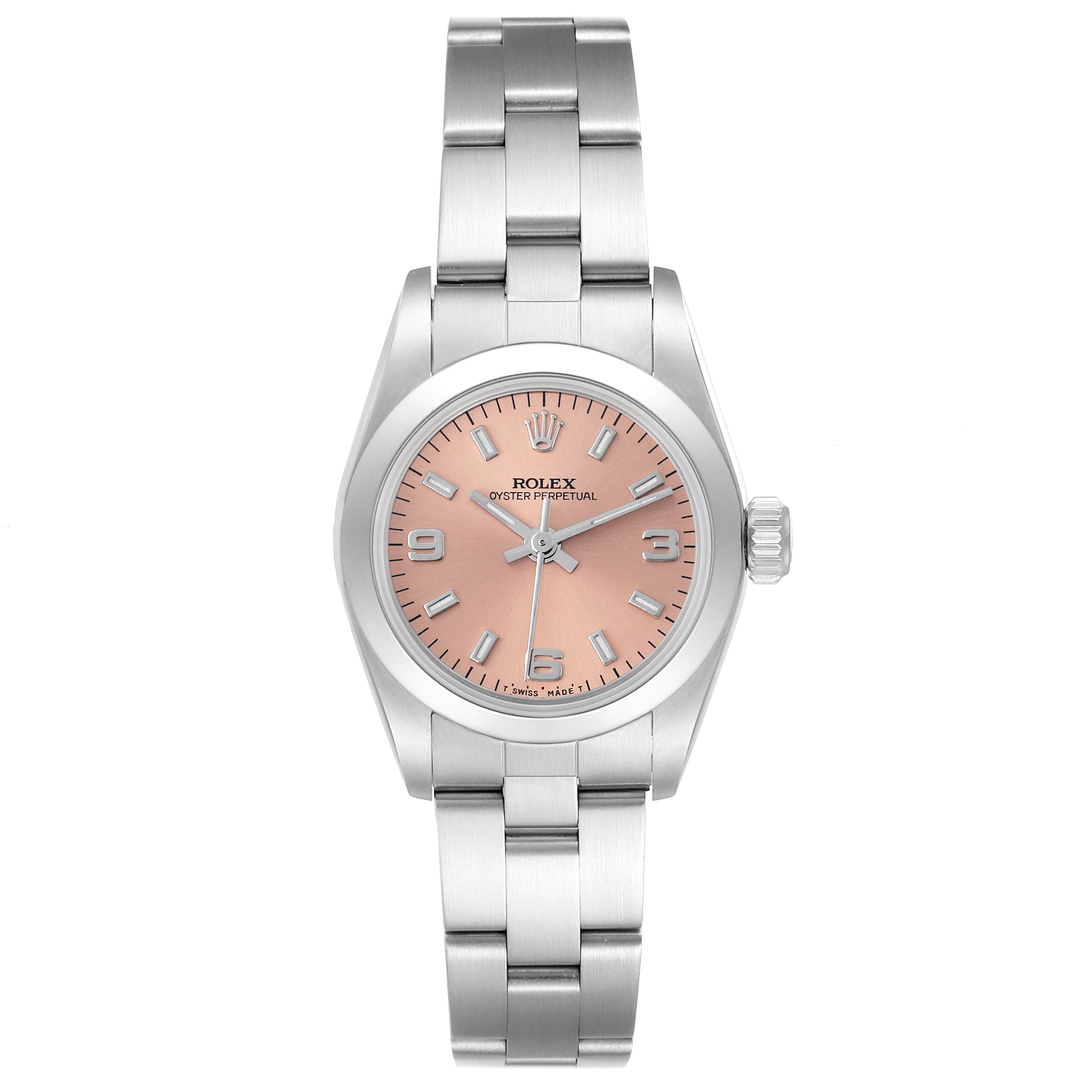 The Rolex Oyster Perpetual 67180 Women's Stainless Steel Pink Dial 67180 Women's Stainless Steel Pink Dial watch is shown from a front angle displaying its dial, bezel, and bracelet.