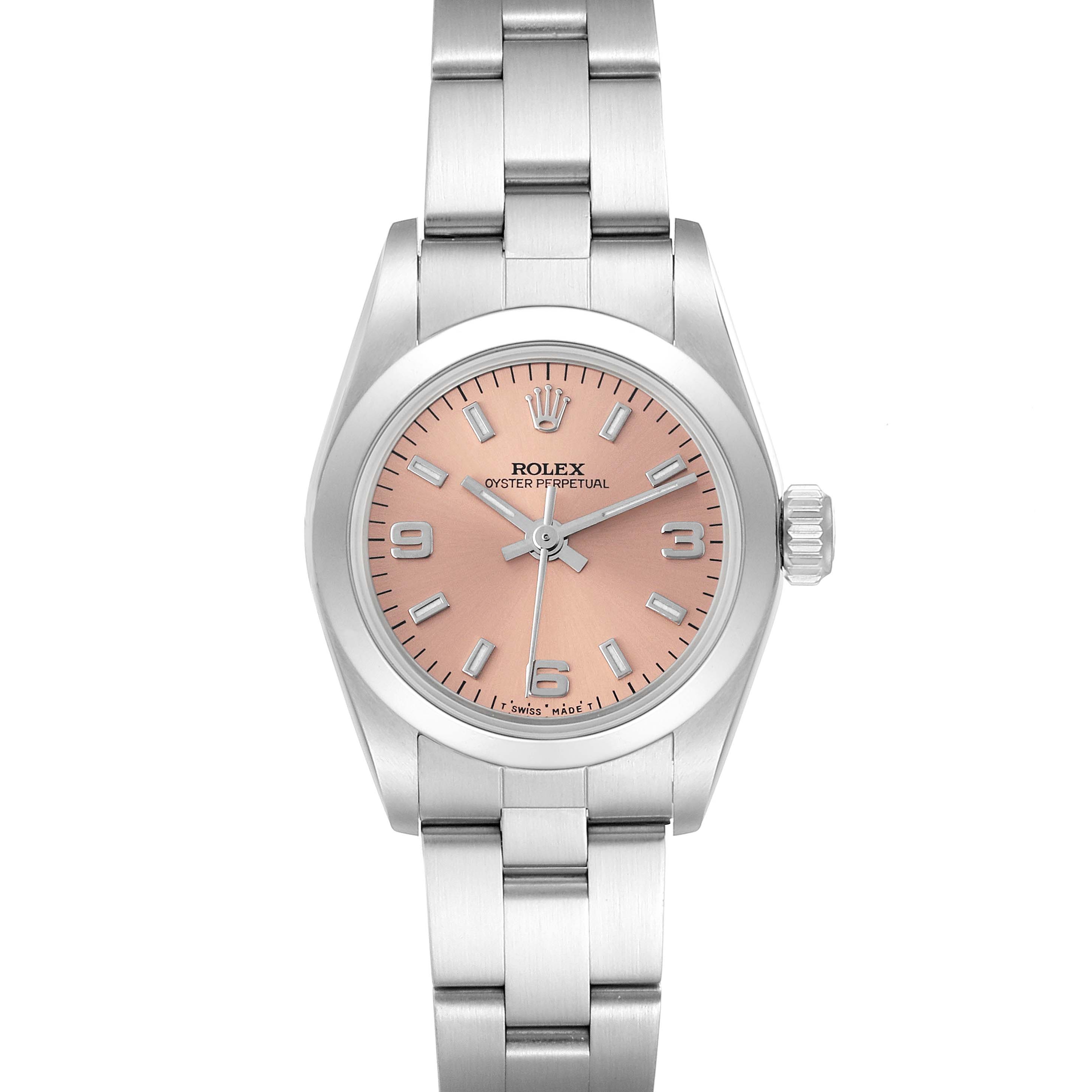 The Rolex Oyster Perpetual 67180 Women's Stainless Steel Pink Dial 67180 Women's Stainless Steel Pink Dial watch is shown from the front, displaying the face, bezel, crown, and bracelet.