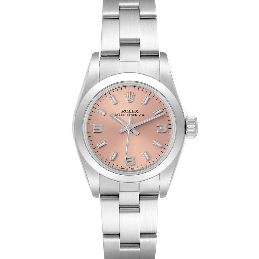 The Rolex Oyster Perpetual watch is shown from the front, displaying the face, bezel, crown, and bracelet.