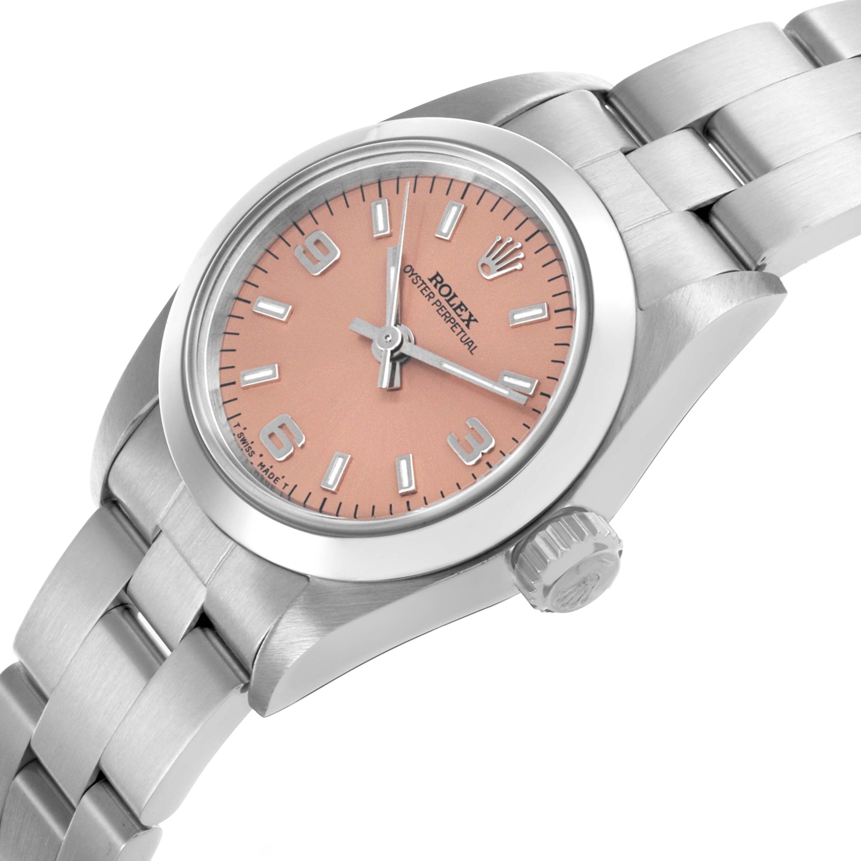 The image shows a Rolex Oyster Perpetual 67180 Women's Stainless Steel Pink Dial 67180 Women's Stainless Steel Pink Dial watch at a tilted angle, highlighting the dial, bezel, crown, and bracelet.