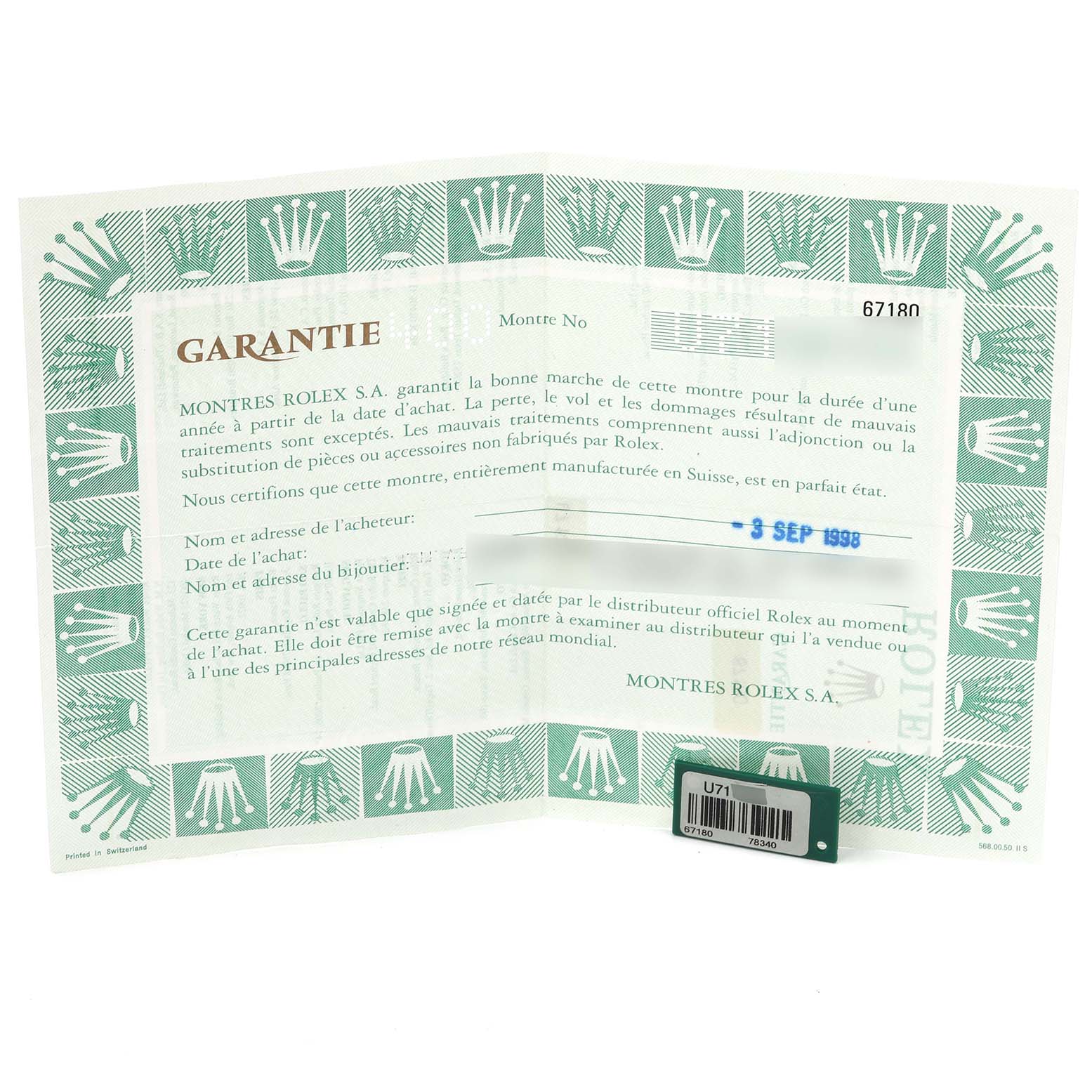 The image shows a Rolex Oyster Perpetual 67180 Women's Stainless Steel Pink Dial 67180 Women's Stainless Steel Pink Dial warranty certificate at a slight angle, featuring brand details and a date stamp.