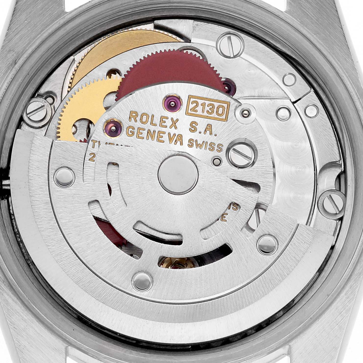 The image shows a close-up of the movement of a Rolex Oyster Perpetual 67180 Women's Stainless Steel Pink Dial 67180 Women's Stainless Steel Pink Dial watch, displaying gears and the rotor from the back.