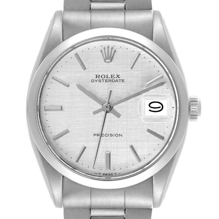 The image shows a frontal view of a Rolex Oysterdate Precision watch, highlighting the dial, bezel, and bracelet.