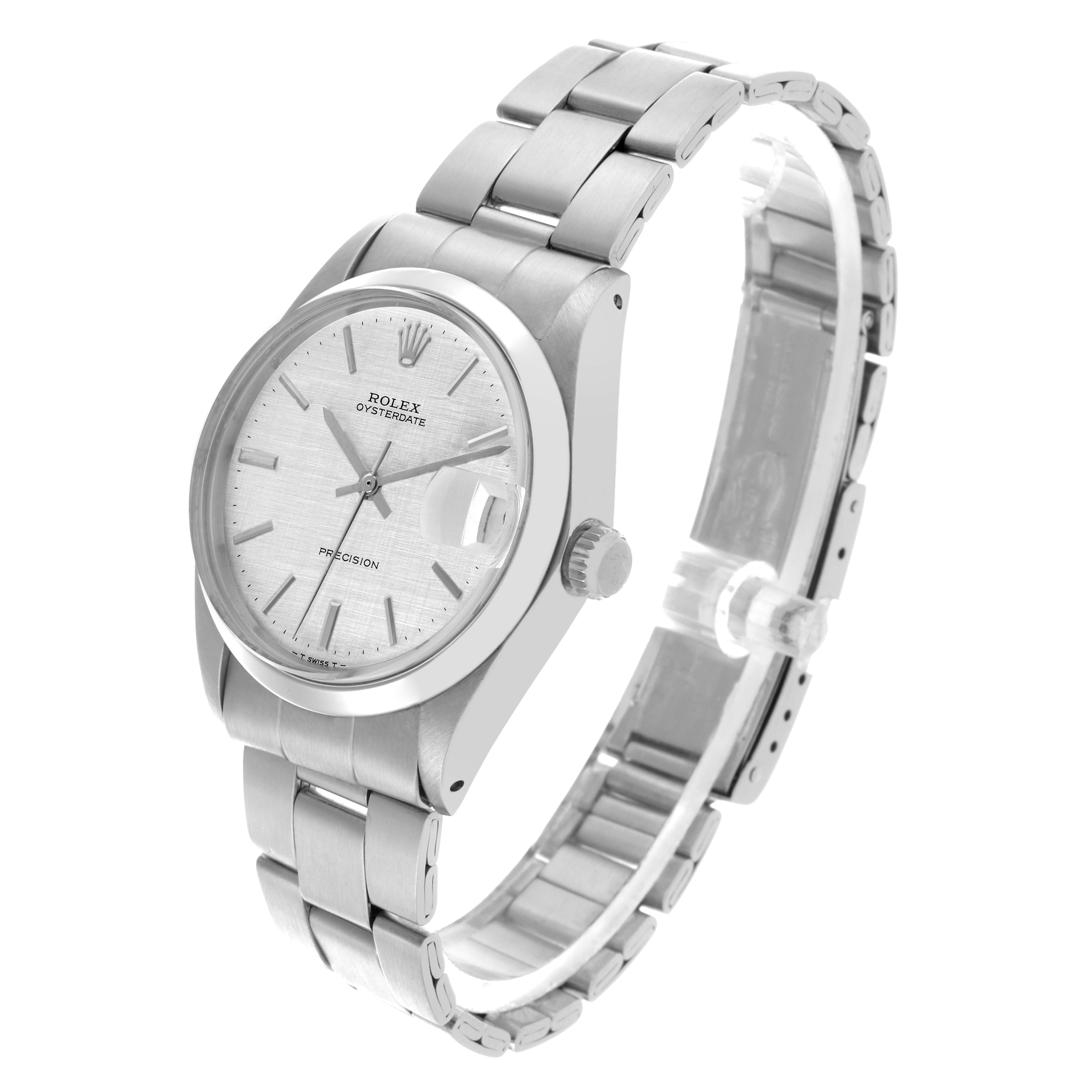 The Rolex Date 6694 Men's Stainless Steel Silver Dial 6694 Men's Stainless Steel Silver Dial model watch is shown at a slight angle, displaying its dial, bezel, crown, and metal bracelet.