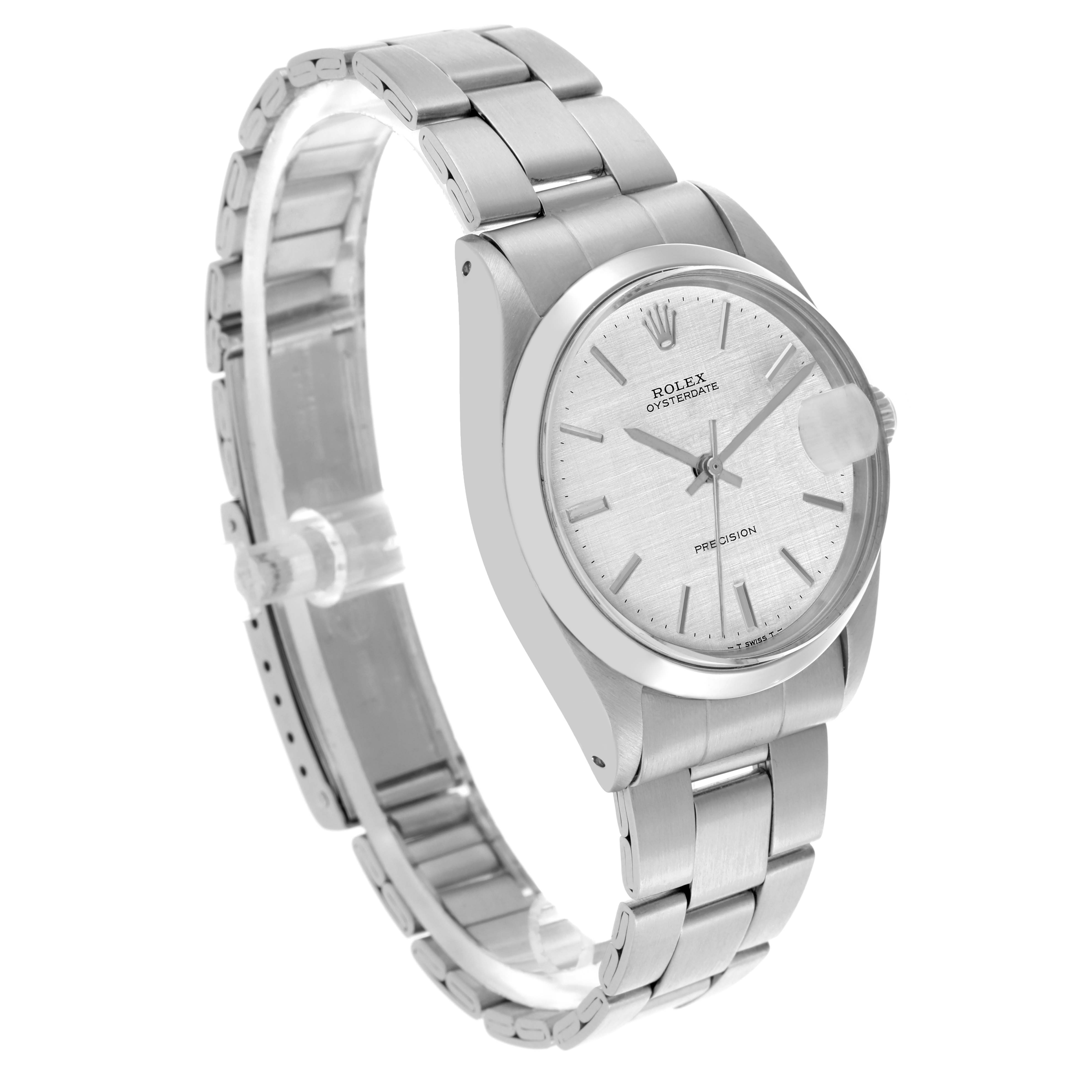 The image shows a side view of a Rolex Date 6694 Men's Stainless Steel Silver Dial 6694 Men's Stainless Steel Silver Dial model, highlighting the silver dial and bracelet.