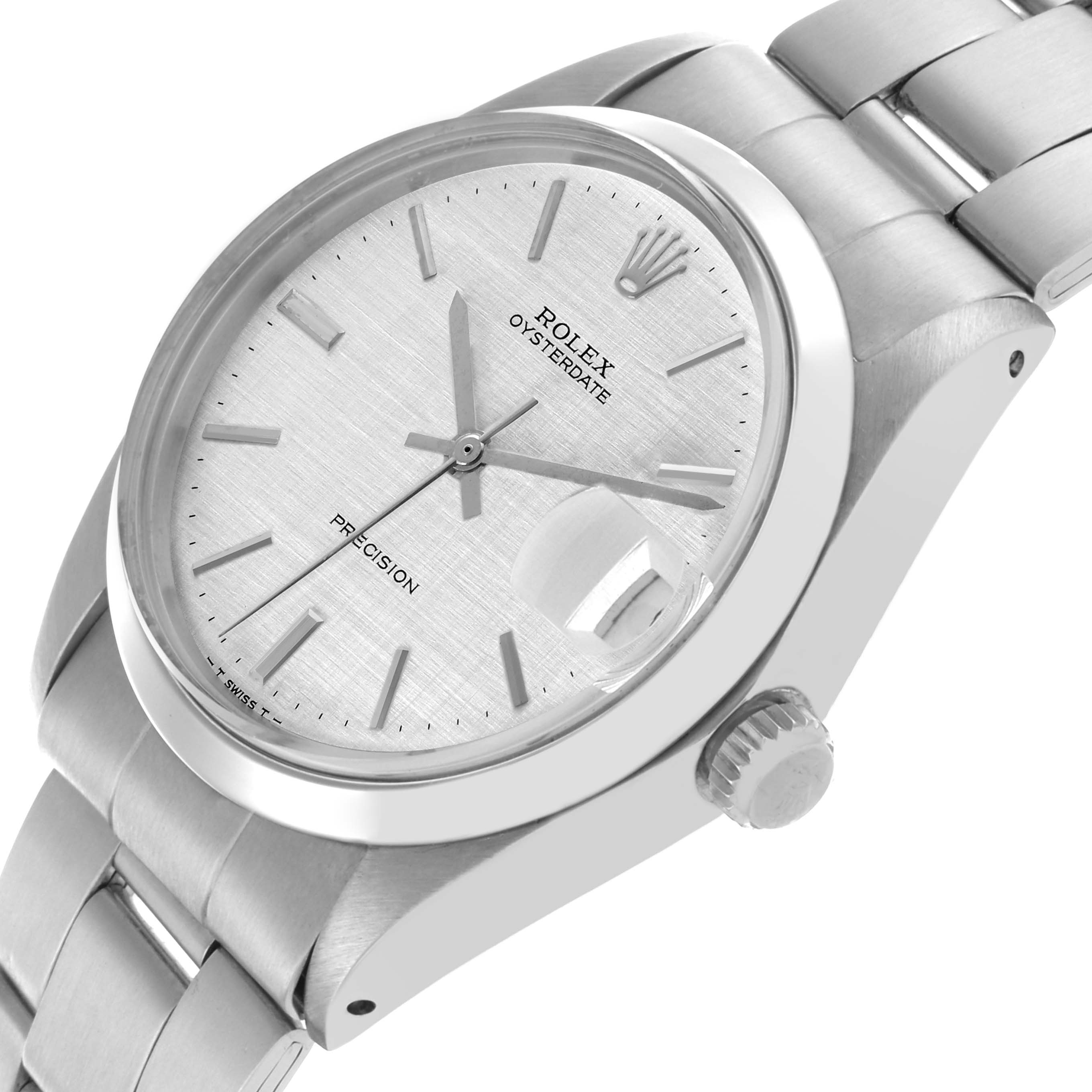 The Rolex Date 6694 Men's Stainless Steel Silver Dial 6694 Men's Stainless Steel Silver Dial watch is shown from a side angle, highlighting the dial, crown, and bracelet.
