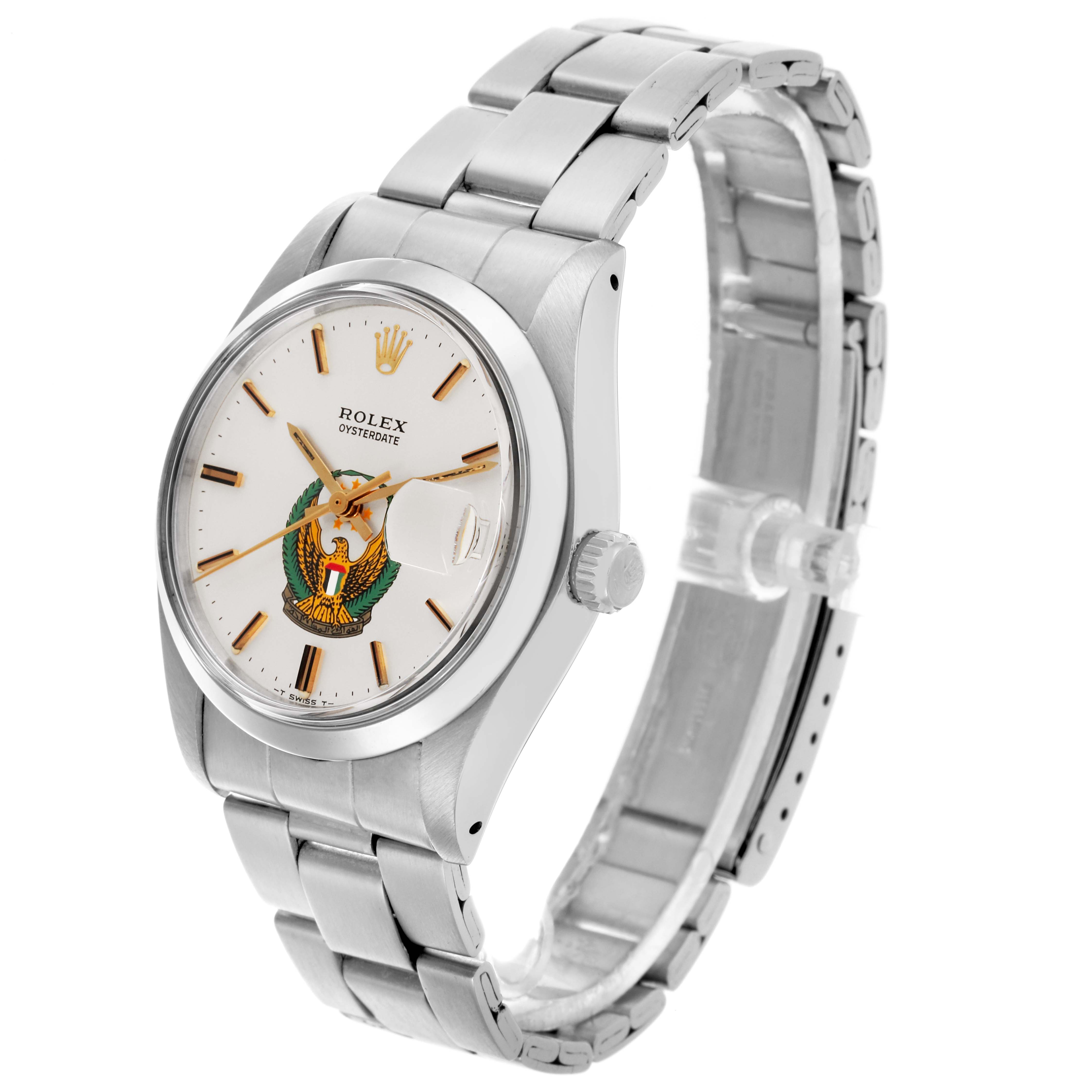 The Rolex Date 6694 Men's Stainless Steel Silver Dial 6694 Men's Stainless Steel Silver Dial watch is shown at an angled side view, displaying the bracelet, case, dial, and crown.