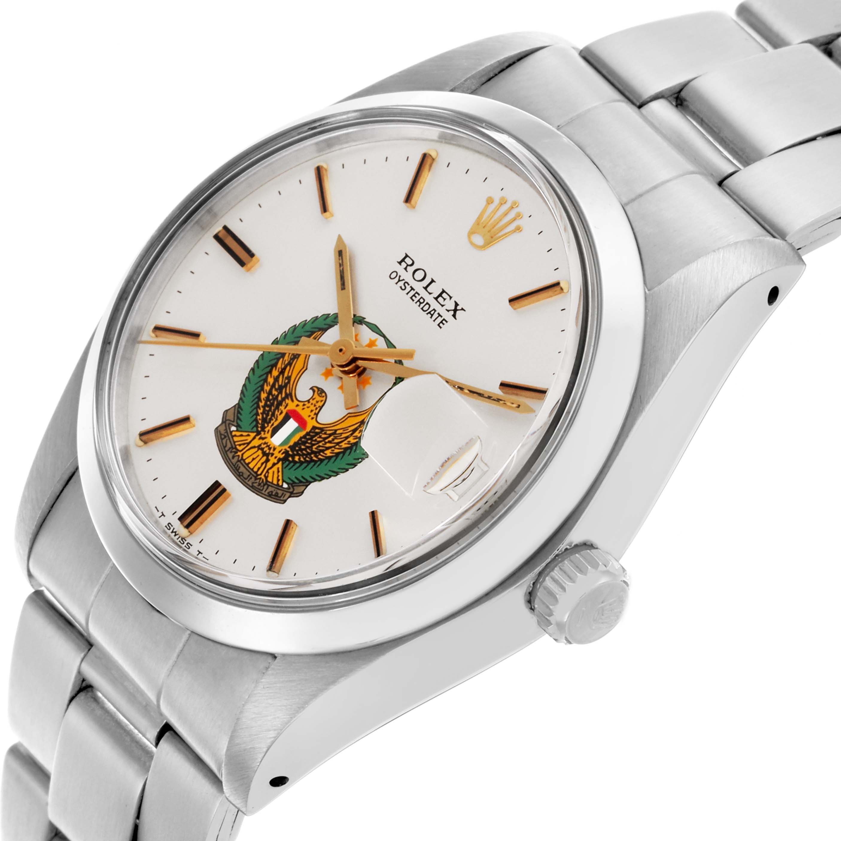 The Rolex Date 6694 Men's Stainless Steel Silver Dial 6694 Men's Stainless Steel Silver Dial watch is shown at an angled view displaying the dial, bracelet, case, crown, and cyclops lens on the date window.