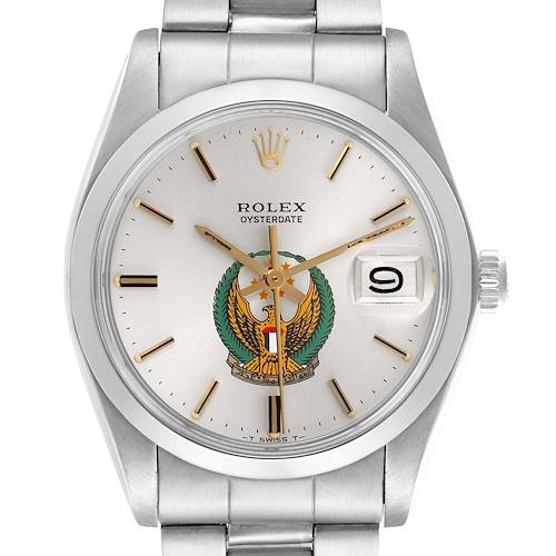 The Rolex Date watch is shown from the front, displaying the dial, case, bracelet, and date feature.