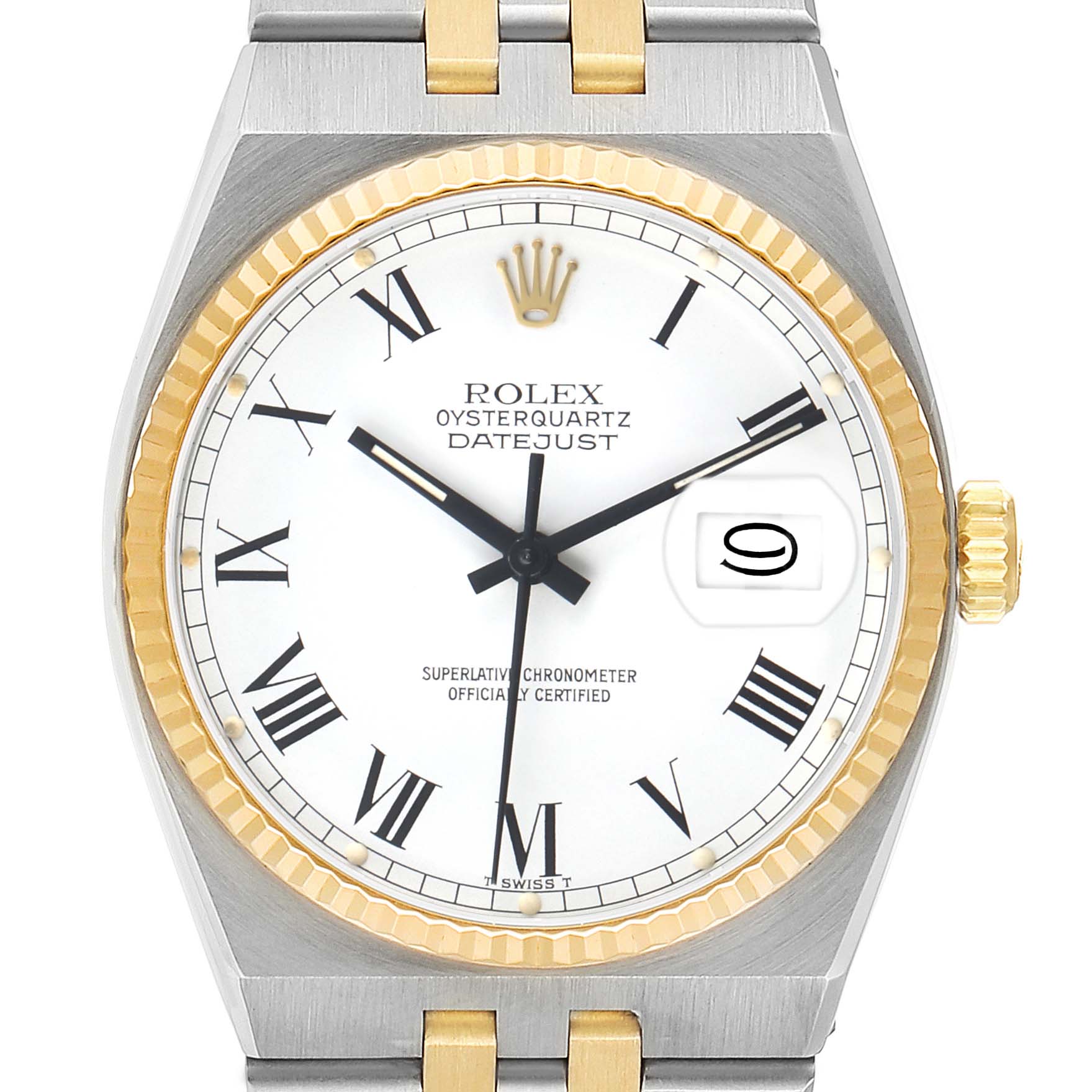 The image shows a Rolex Oysterquartz 17013 Men's Steel and Gold (two tone) White Dial watch from a front angle, highlighting the dial, fluted bezel, crown, and part of the bracelet.