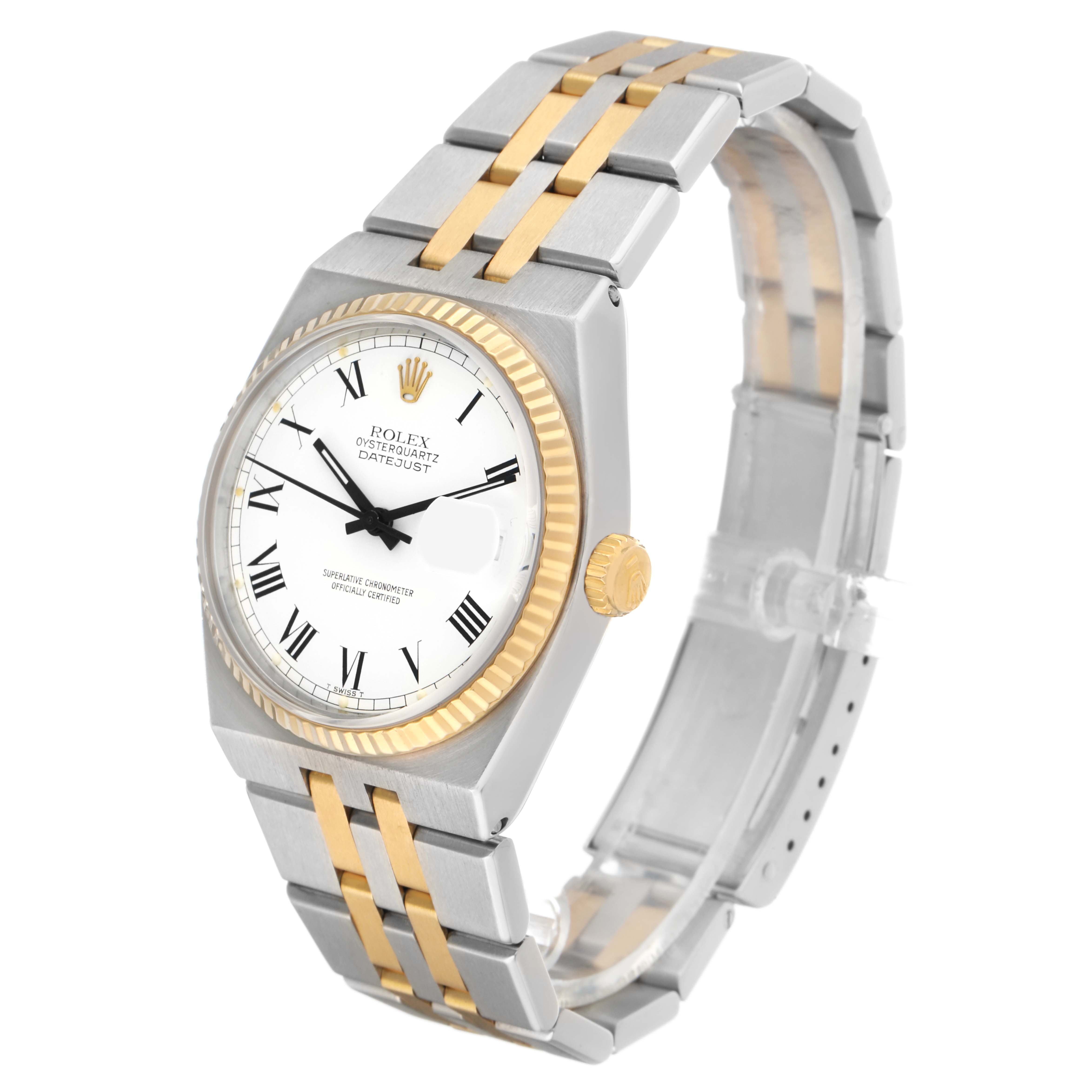 The Rolex Oysterquartz 17013 Men's Steel and Gold (two tone) White Dial watch is shown at a three-quarter angle, highlighting the dial, bezel, and bracelet.