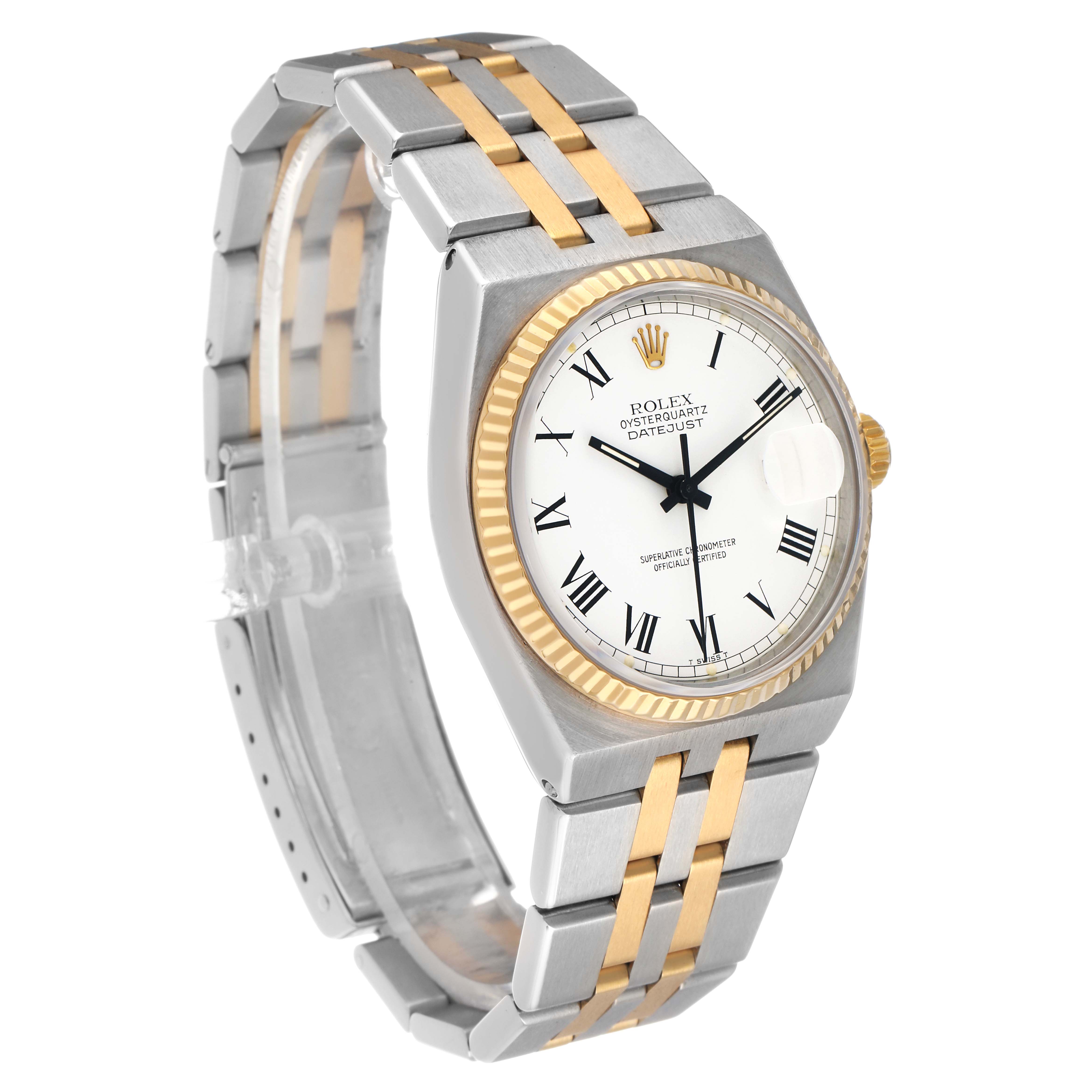 The Rolex Oysterquartz 17013 Men's Steel and Gold (two tone) White Dial watch is shown at an angled side view, highlighting the face, bezel, and bracelet.