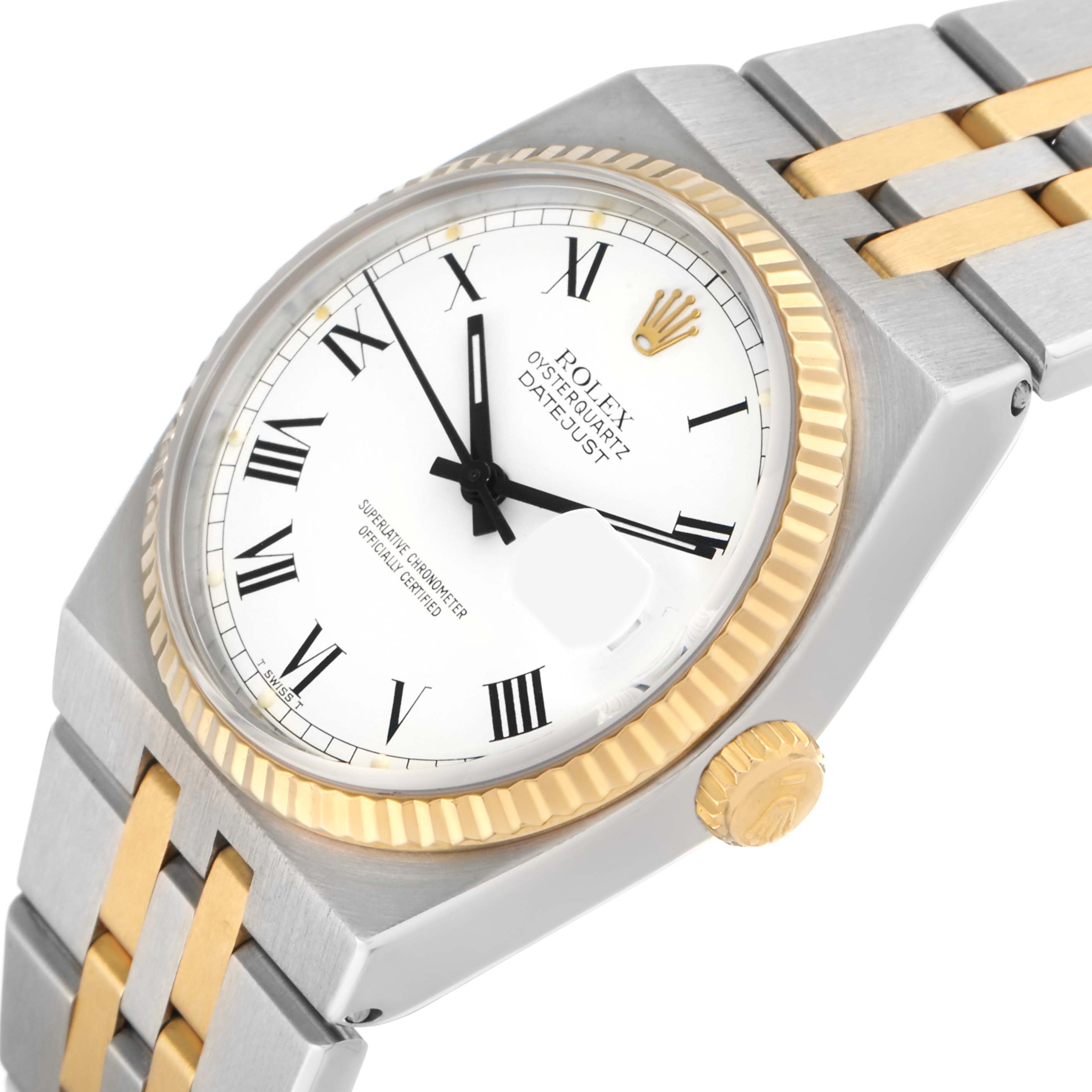 The Rolex Oysterquartz 17013 Men's Steel and Gold (two tone) White Dial watch is shown from an angled top view, highlighting the dial, bezel, and two-tone bracelet.