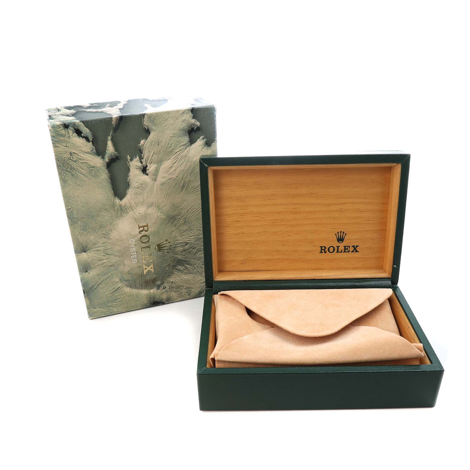 The image shows a Rolex Oysterquartz 17013 Men's Steel and Gold (two tone) White Dial watch box and outer packaging, with the box lid open, revealing a pouch inside.