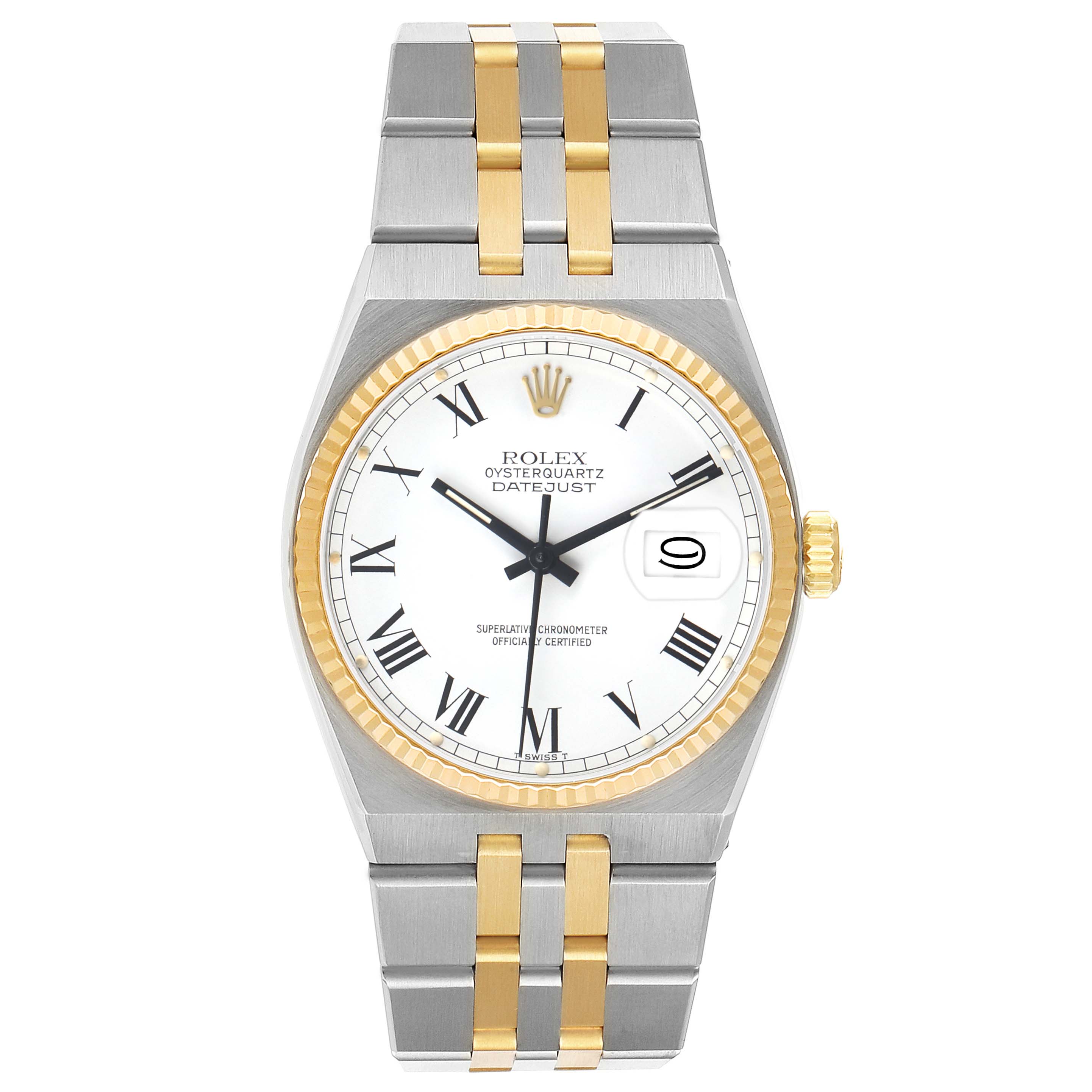 The Rolex Oysterquartz 17013 Men's Steel and Gold (two tone) White Dial watch is shown from a top-down angle, showcasing its dial, bezel, case, bracelet, and crown.