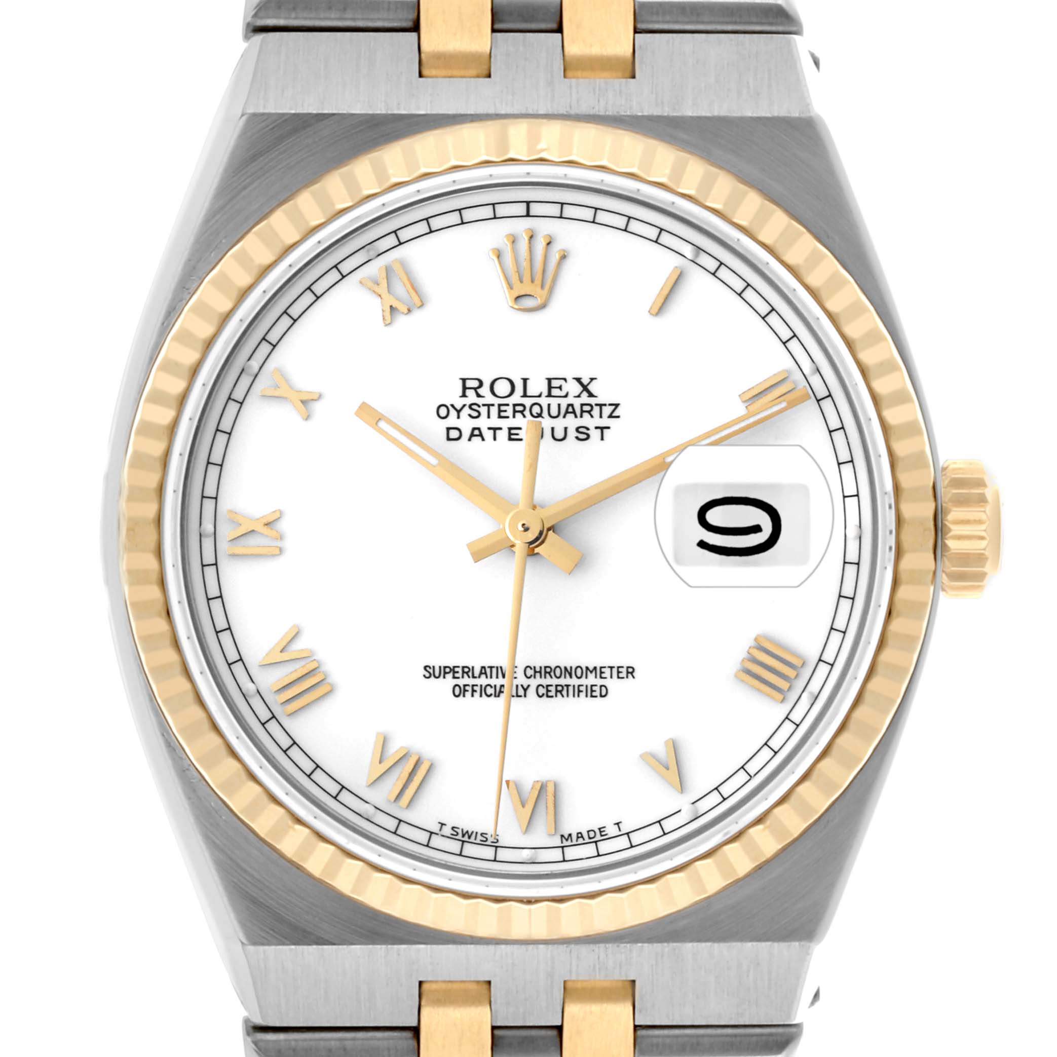 The Rolex Oysterquartz 17013 Men's Steel and Gold (two tone) White Dial 17013 Men's Steel and Gold (two tone) White Dial watch is shown from a front angle, displaying the dial, bezel, and part of the bracelet.