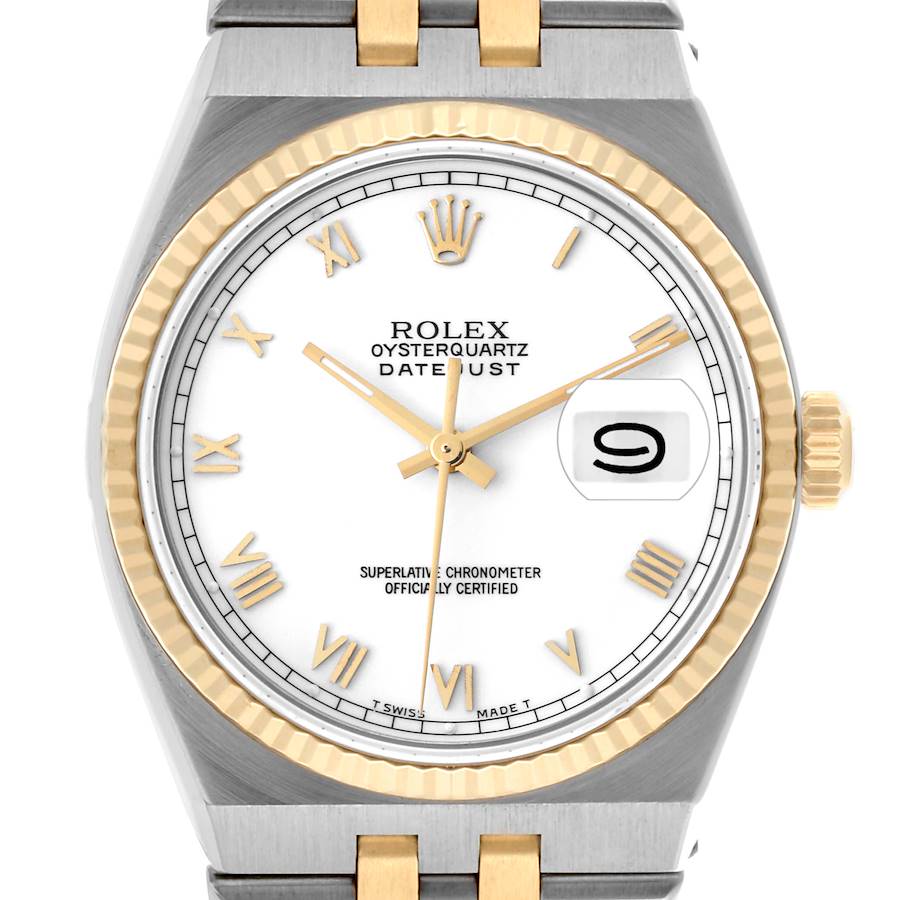 The Rolex Oysterquartz watch is shown from a front angle, displaying the dial, bezel, and part of the bracelet.