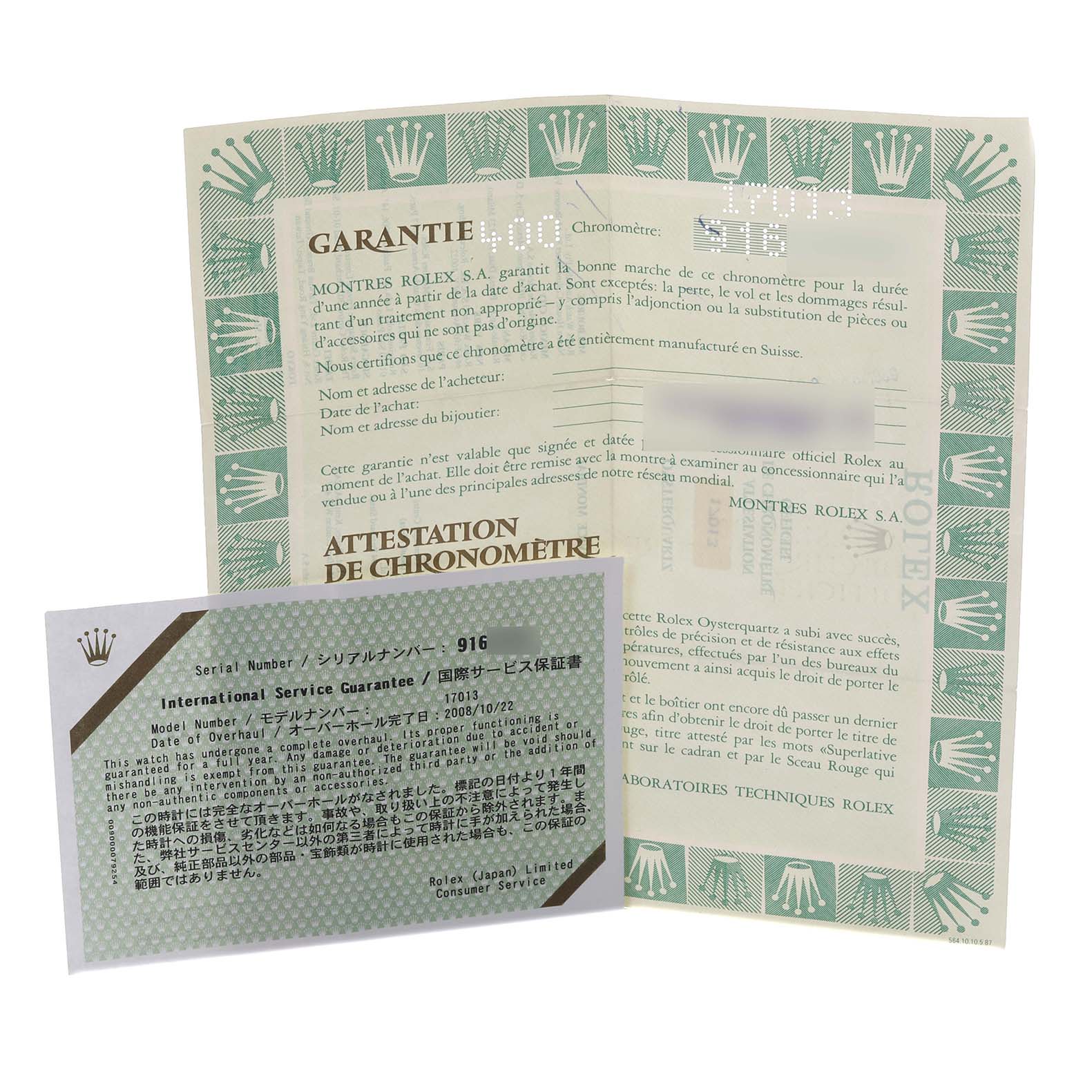 The image shows warranty and service guarantee documents for the Rolex Oysterquartz 17013 Men's Steel and Gold (two tone) White Dial 17013 Men's Steel and Gold (two tone) White Dial model, including text and logos.