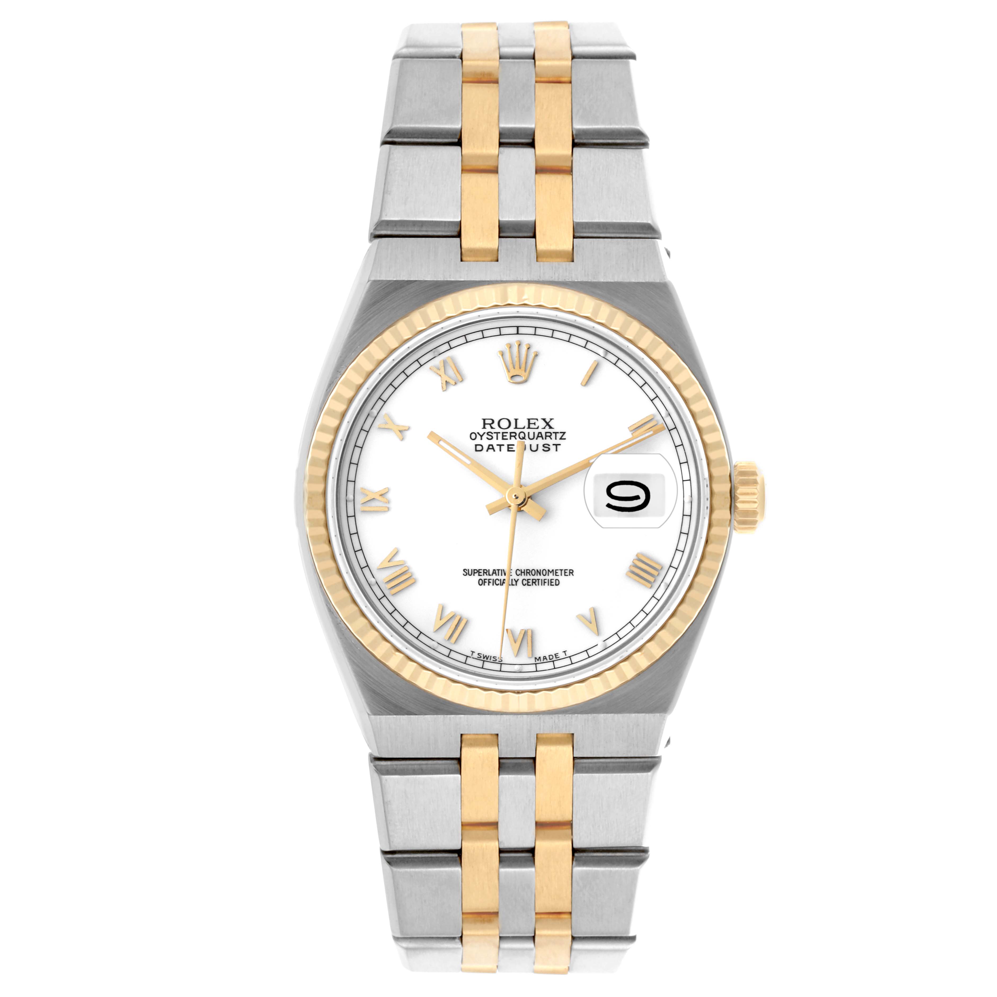 The Rolex Oysterquartz 17013 Men's Steel and Gold (two tone) White Dial 17013 Men's Steel and Gold (two tone) White Dial is shown from the front, displaying the dial, bezel, bracelet, and crown.