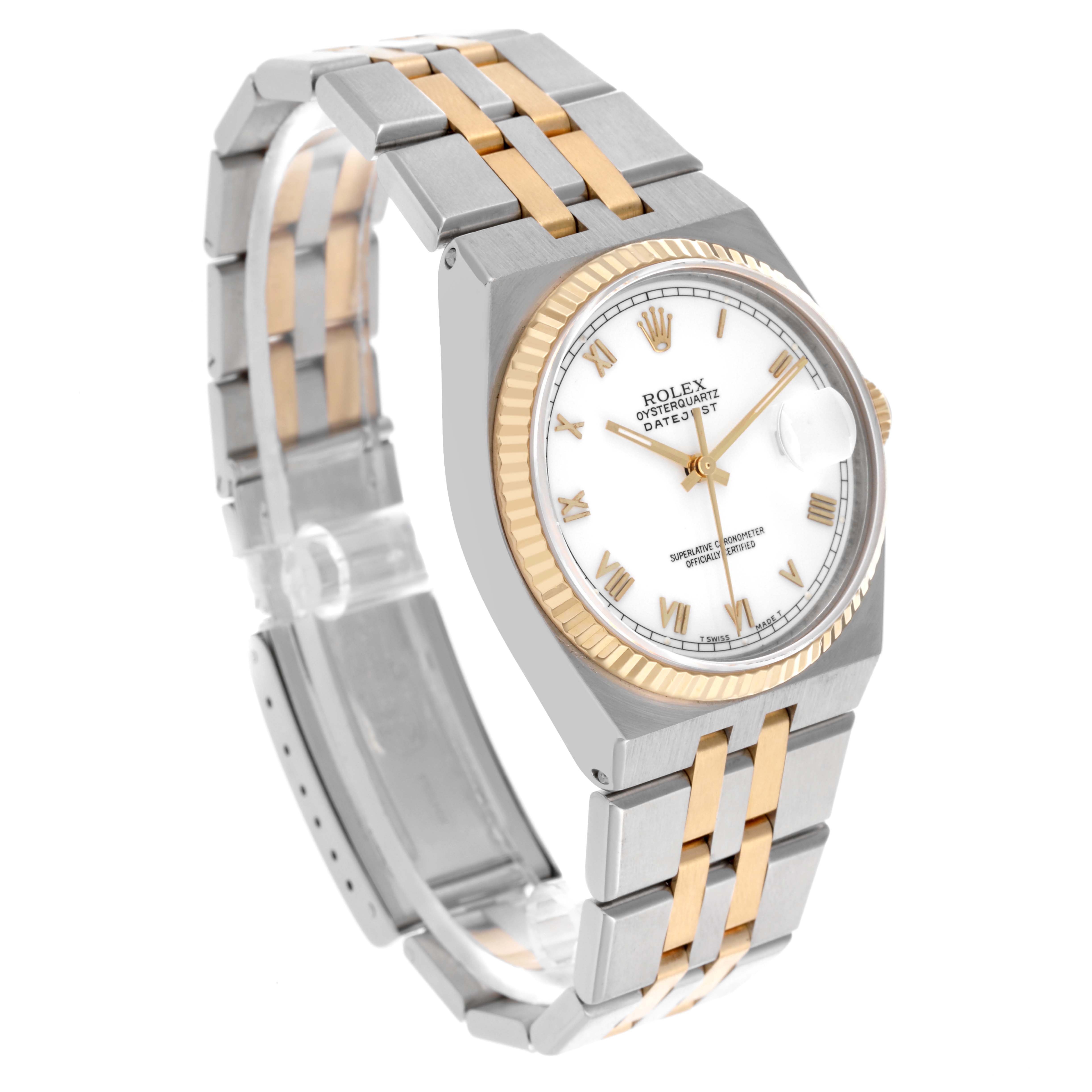 The Rolex Oysterquartz 17013 Men's Steel and Gold (two tone) White Dial 17013 Men's Steel and Gold (two tone) White Dial watch is shown at an angled view, highlighting the dial, bezel, case, and two-tone bracelet.