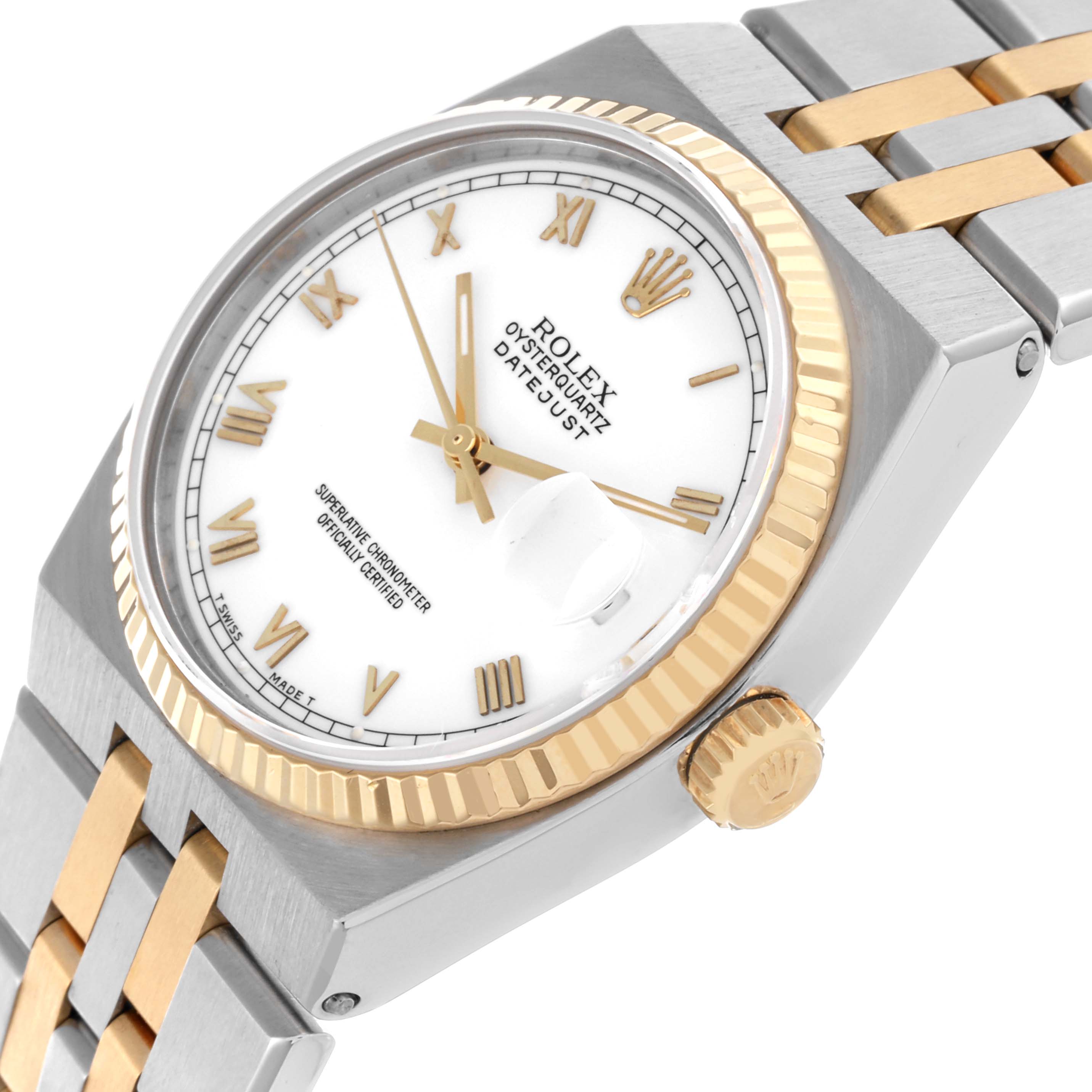 The Rolex Oysterquartz 17013 Men's Steel and Gold (two tone) White Dial 17013 Men's Steel and Gold (two tone) White Dial is shown at an angle highlighting the dial, bezel, crown, and part of the bracelet.