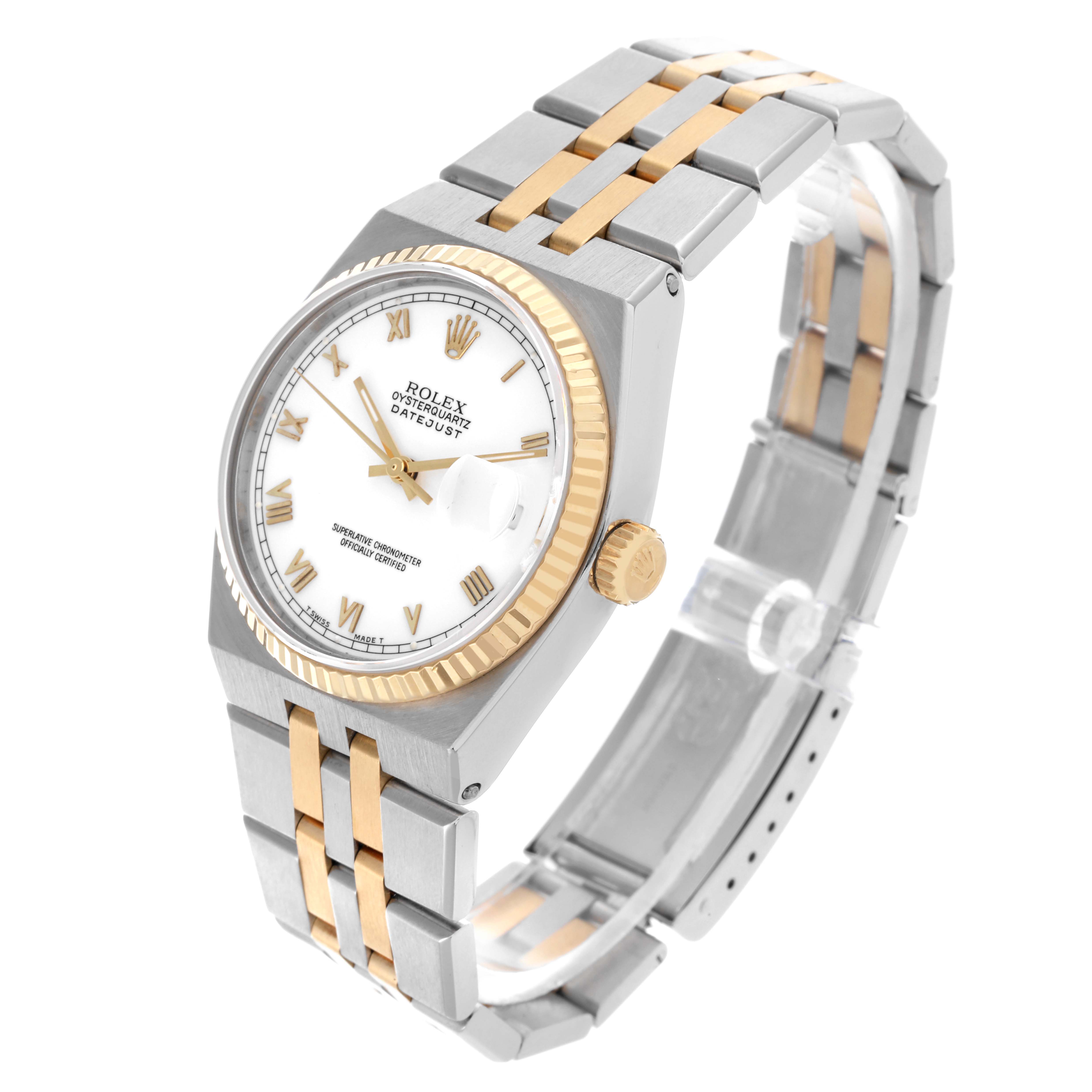 The Rolex Oysterquartz 17013 Men's Steel and Gold (two tone) White Dial 17013 Men's Steel and Gold (two tone) White Dial watch is shown at a three-quarter angle, highlighting its dial, bezel, crown, and two-tone bracelet.