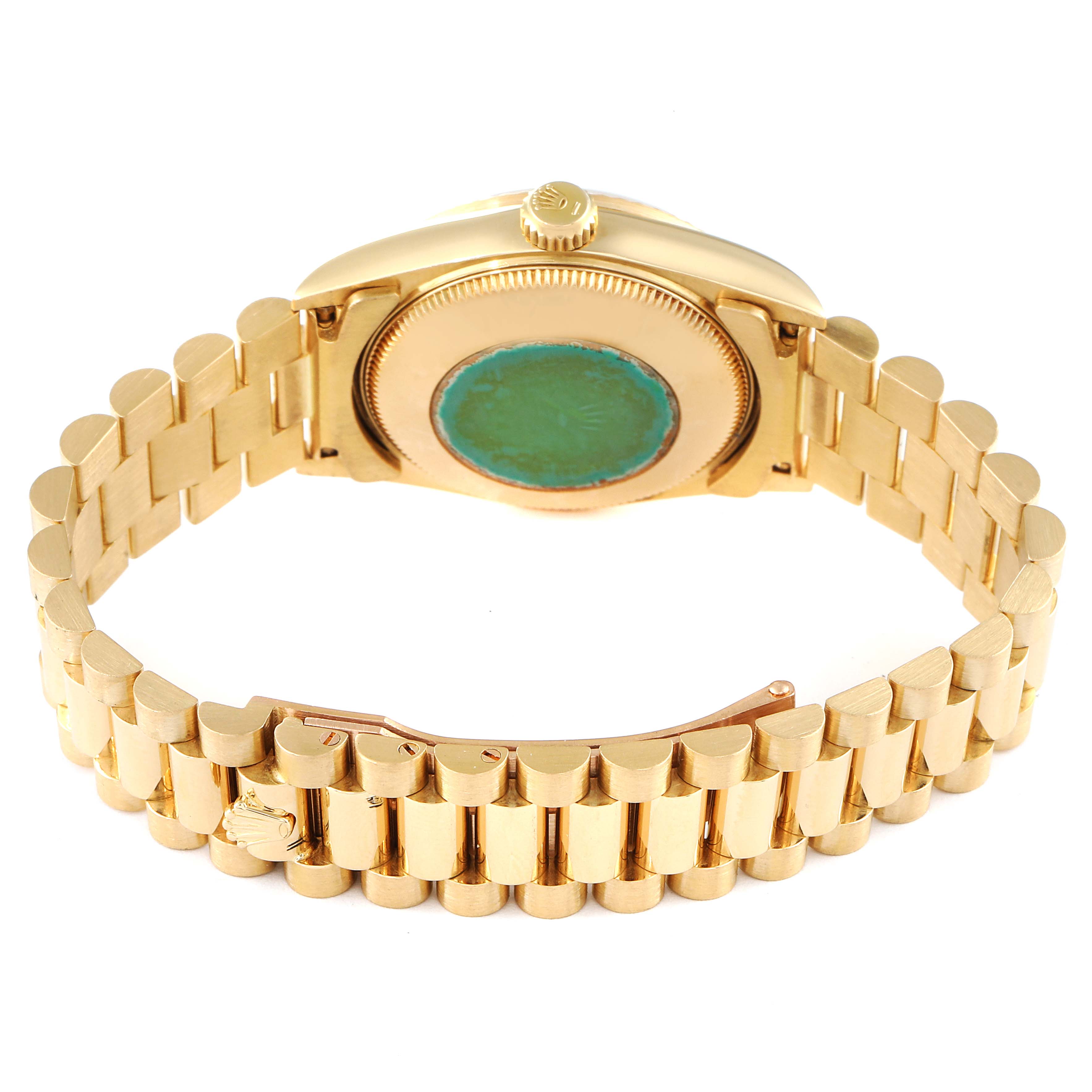 The image shows the back view of a Rolex President 68278 Women
s Yellow Gold Champagne Dial 68278 Women
s Yellow Gold Champagne Dial model watch, highlighting the gold bracelet and case back.