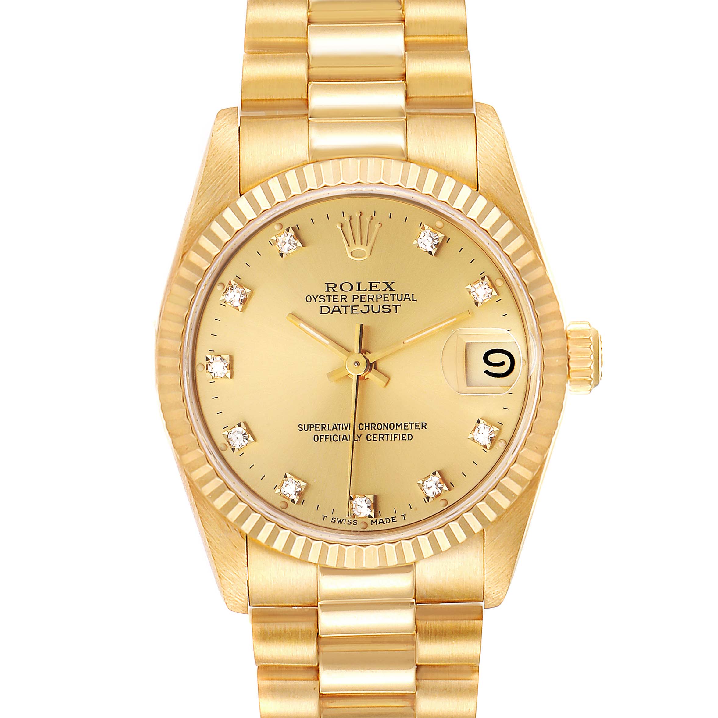 This image shows a front view of the Rolex President 68278 Women
s Yellow Gold Champagne Dial 68278 Women
s Yellow Gold Champagne Dial model watch, featuring the dial, bracelet, and crown.