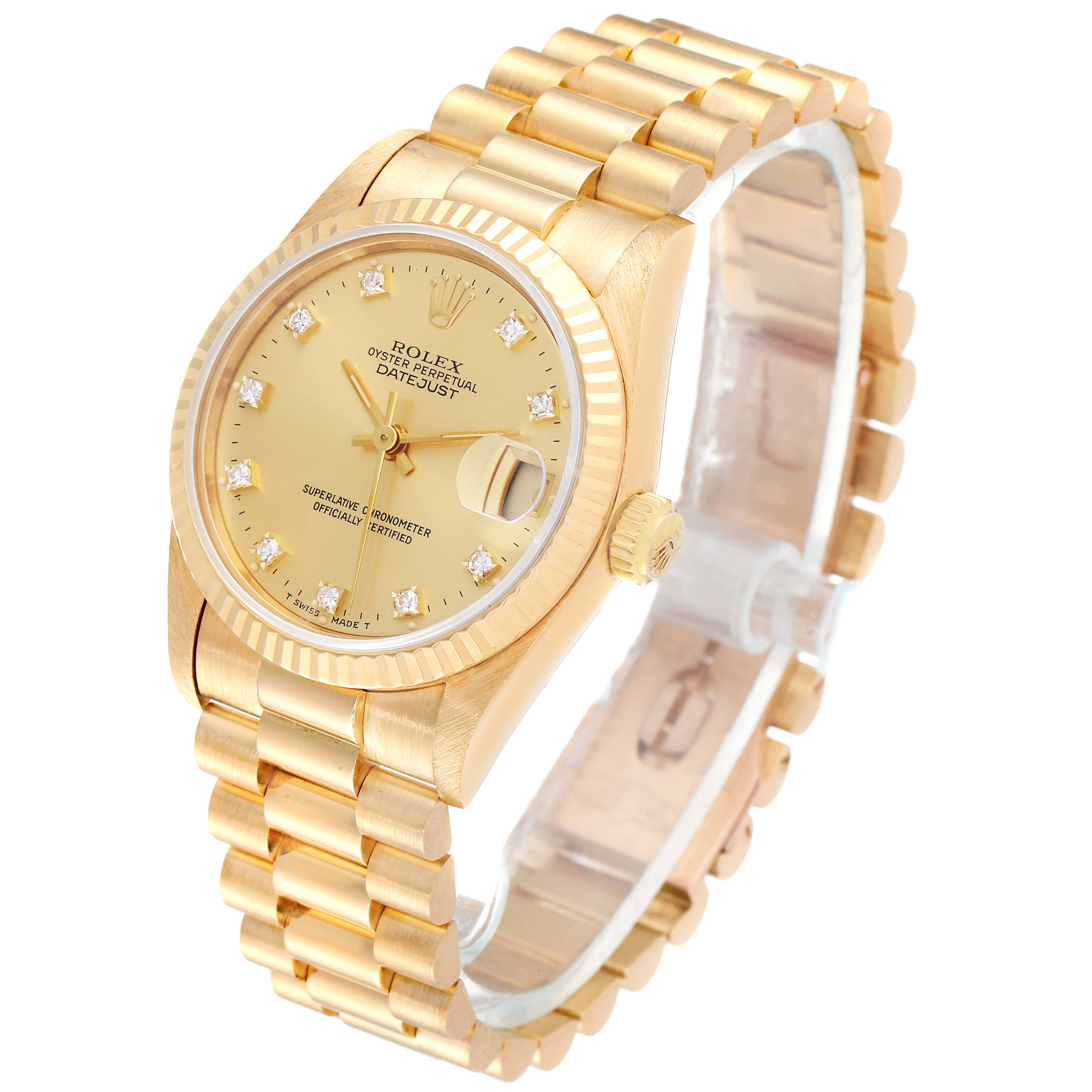 This image shows a Rolex President 68278 Women
s Yellow Gold Champagne Dial 68278 Women
s Yellow Gold Champagne Dial Datejust watch at a slight side angle highlighting its gold bracelet, dial, and fluted bezel.