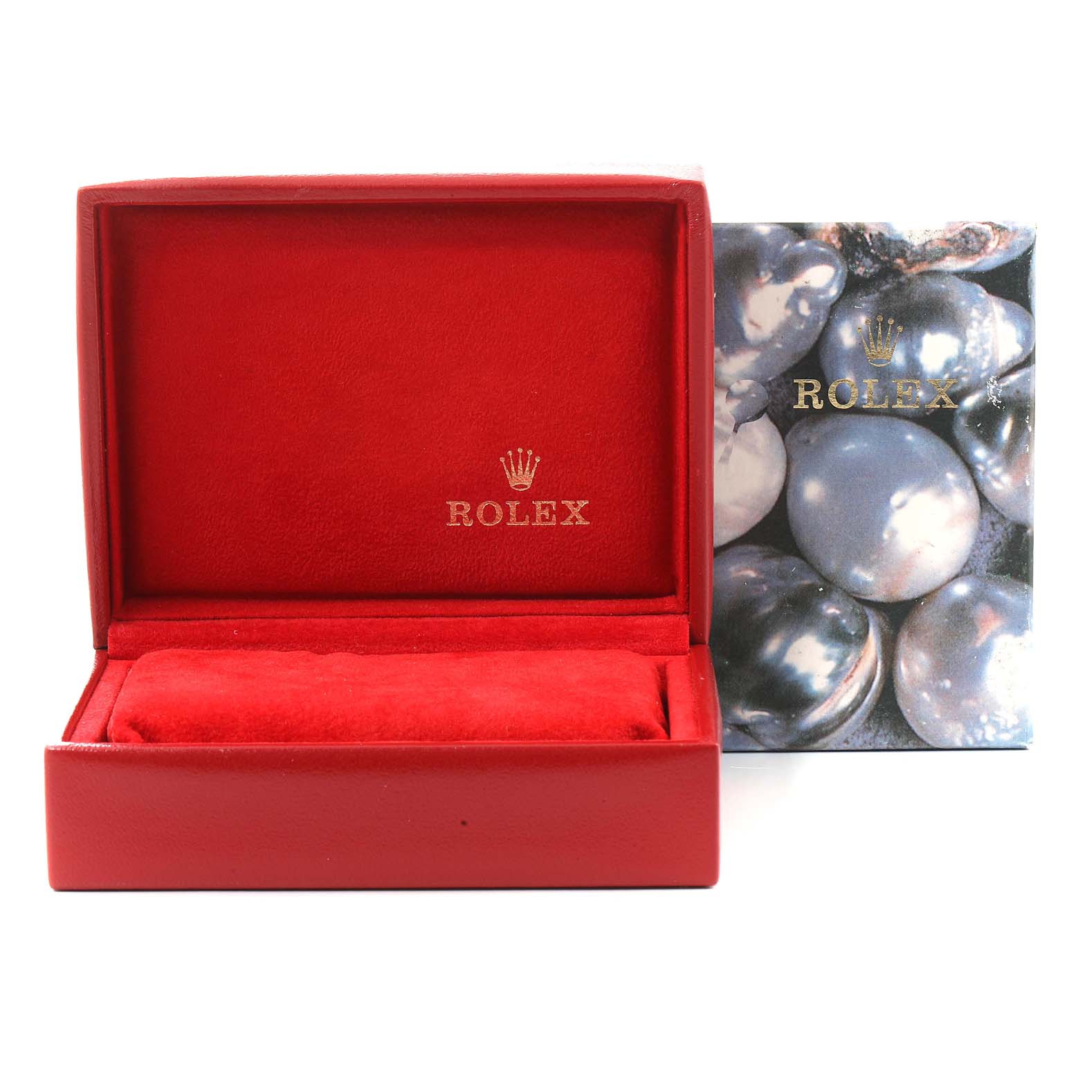 The image shows an open red watch box for Rolex President 68278 Women
s Yellow Gold Champagne Dial 68278 Women
s Yellow Gold Champagne Dial model, with a matching outer box featuring a pearl design.