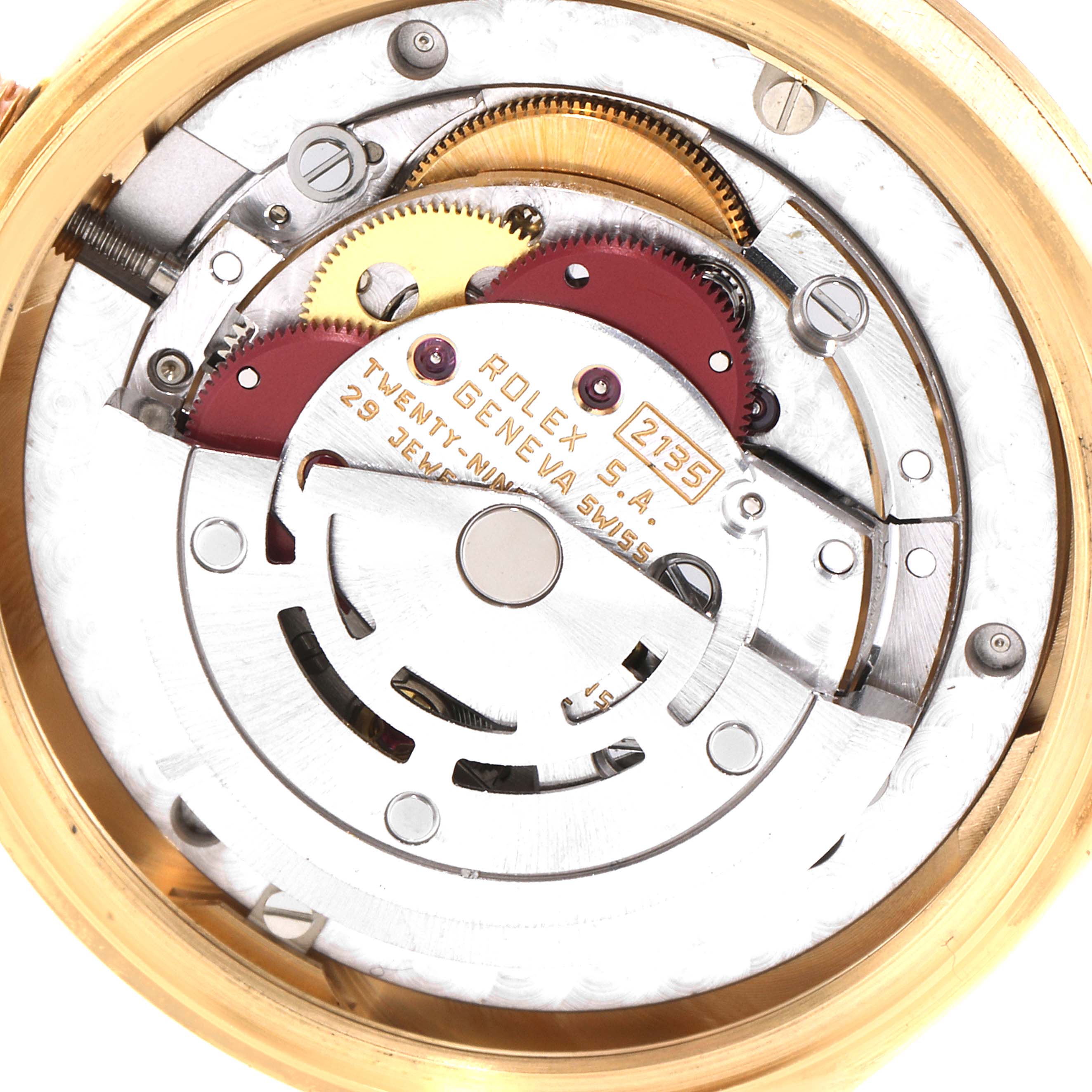 This image shows the internal movement mechanism of a Rolex President 68278 Women
s Yellow Gold Champagne Dial 68278 Women
s Yellow Gold Champagne Dial model watch, viewed from the back.
