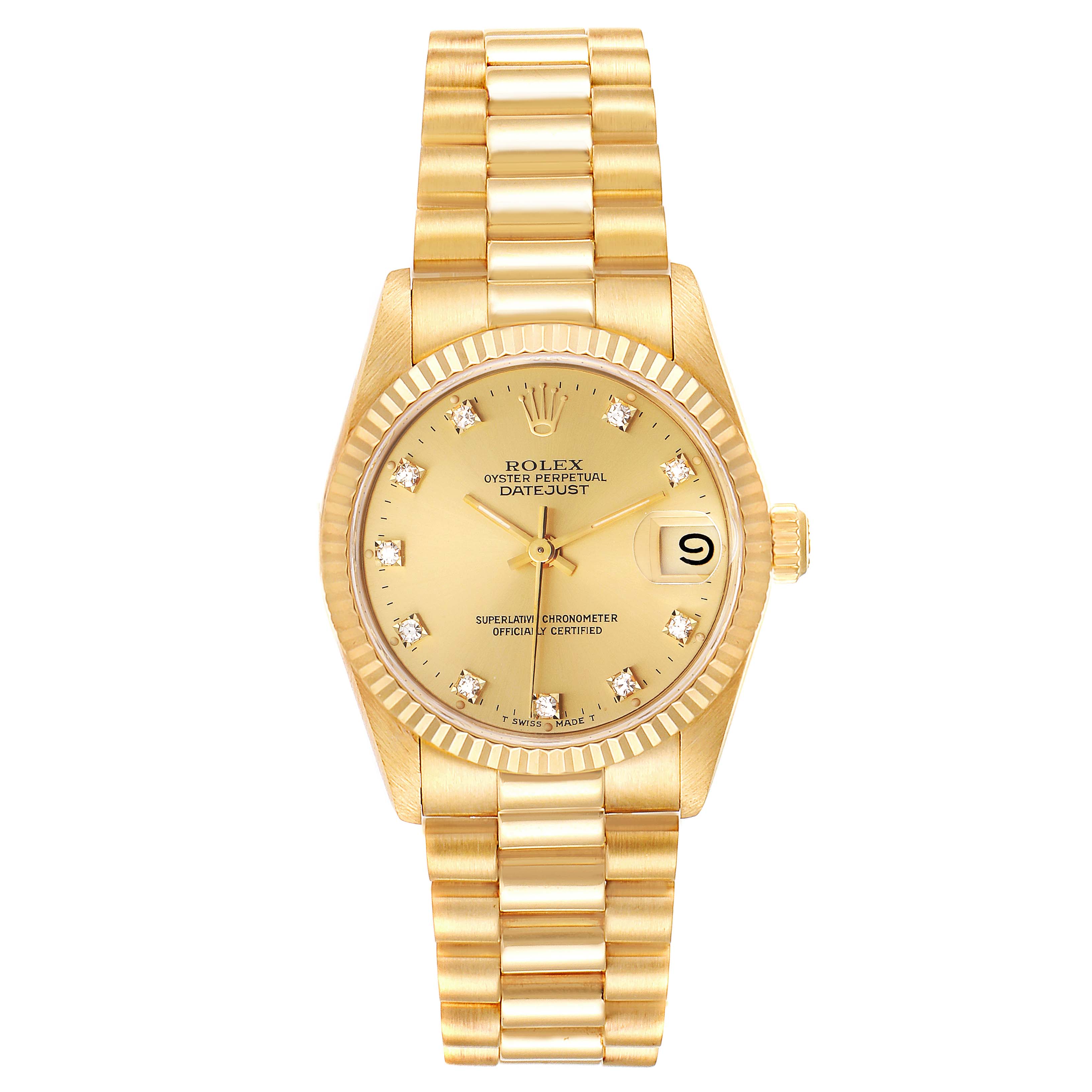 This image shows a front view of a Rolex President 68278 Women
s Yellow Gold Champagne Dial 68278 Women
s Yellow Gold Champagne Dial model watch, depicting the dial, hands, date display, and bracelet.