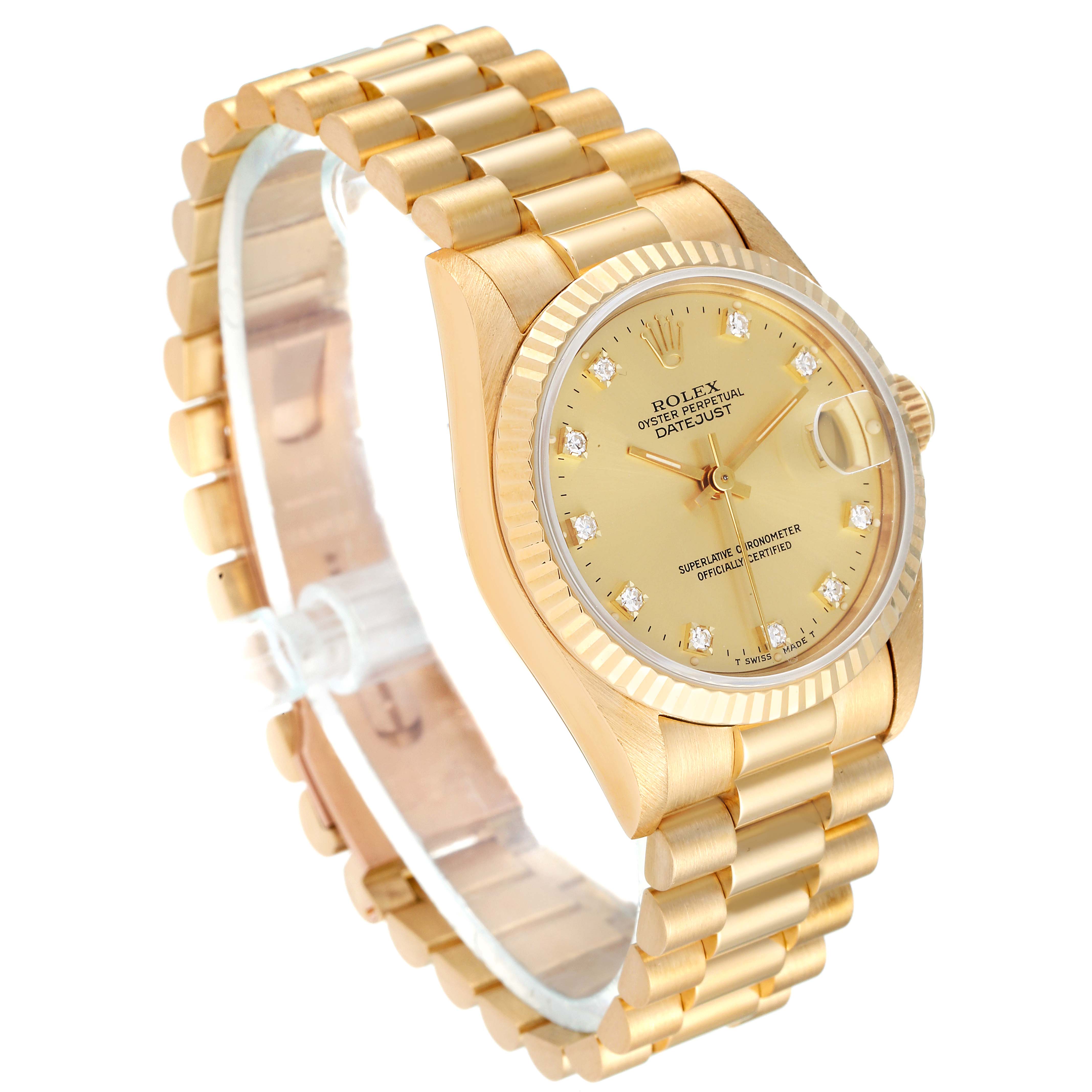 The image shows a Rolex President 68278 Women
s Yellow Gold Champagne Dial 68278 Women
s Yellow Gold Champagne Dial watch from an angled side view, displaying the face, band, and part of the crown.