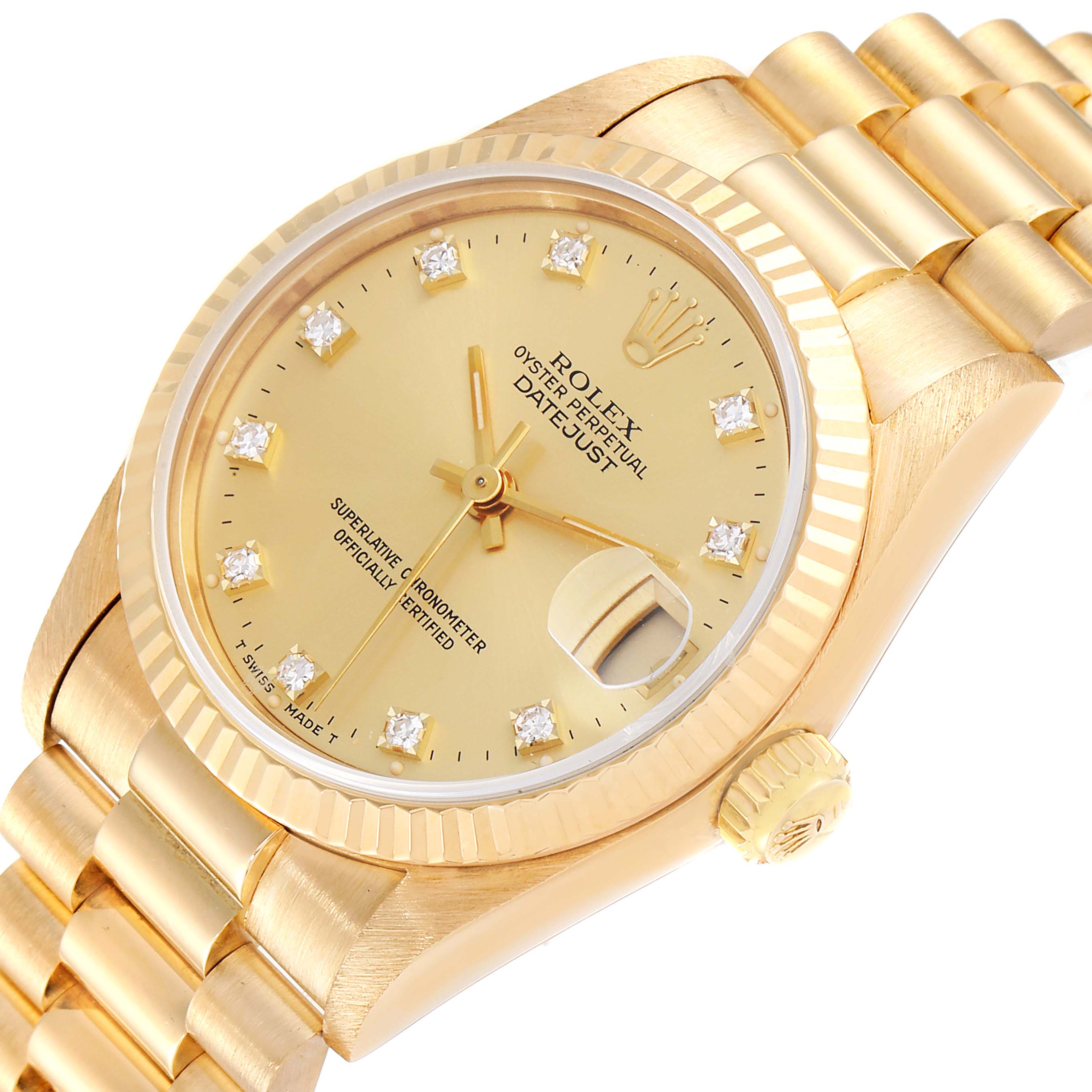 The image shows a Rolex President 68278 Women
s Yellow Gold Champagne Dial 68278 Women
s Yellow Gold Champagne Dial Datejust watch from an angled side view, highlighting the dial, crown, and bracelet.