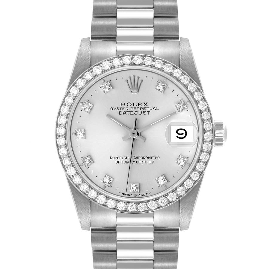 The Rolex President model is shown from a front angle, highlighting the dial, diamond bezel, and part of the bracelet.