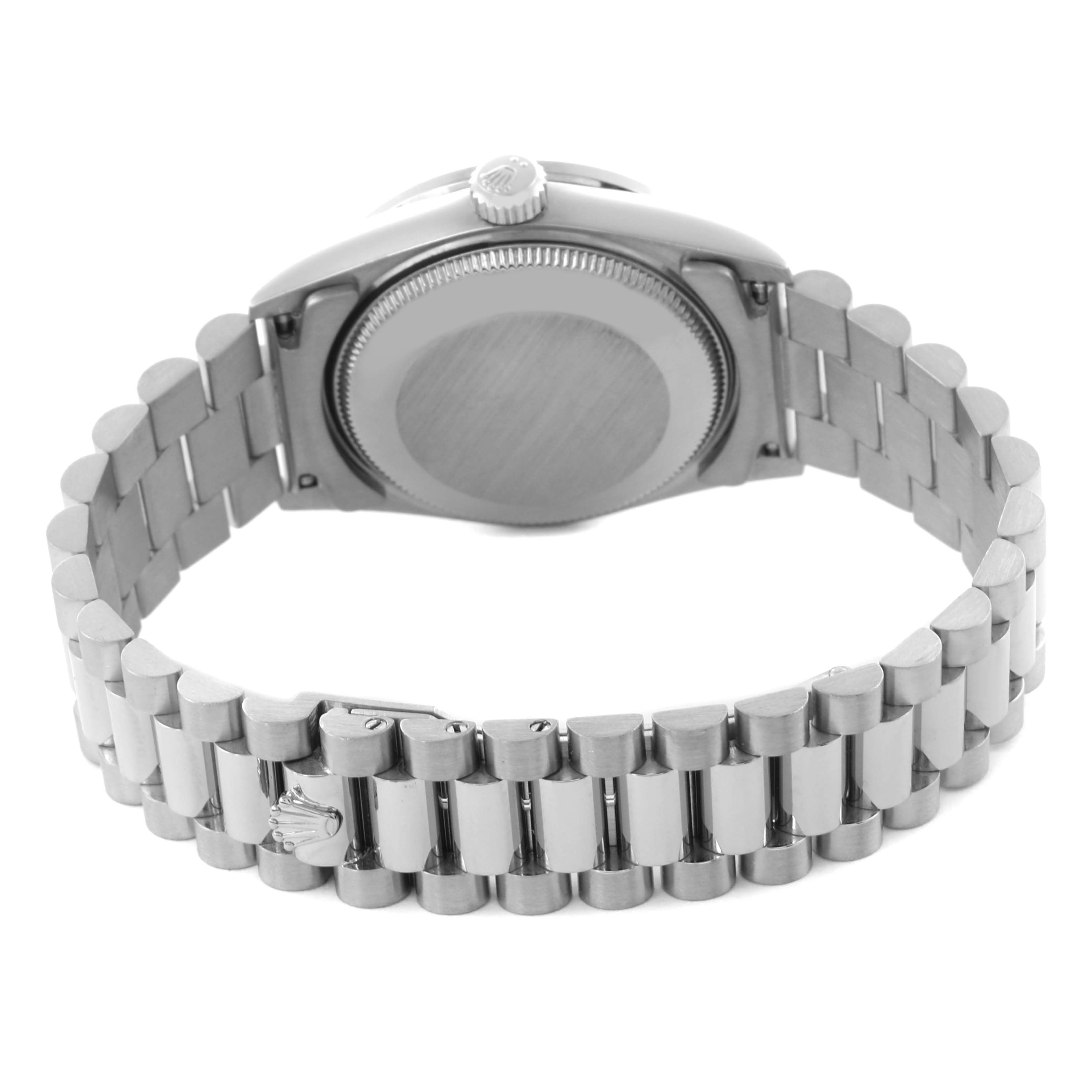 The image shows the back and bracelet of a Rolex President 68289 Women's White Gold Silver Dial 68289 Women's White Gold Silver Dial model watch.