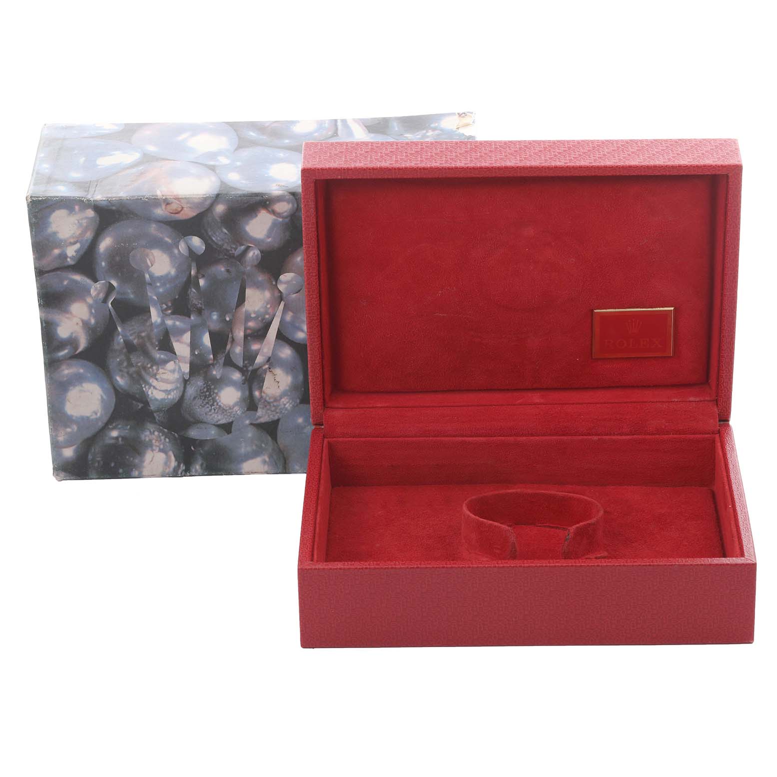 The image shows a Rolex President 68289 Women's White Gold Silver Dial 68289 Women's White Gold Silver Dial model watch box, featuring an open red interior with a holder and an outer box with a decorative design.