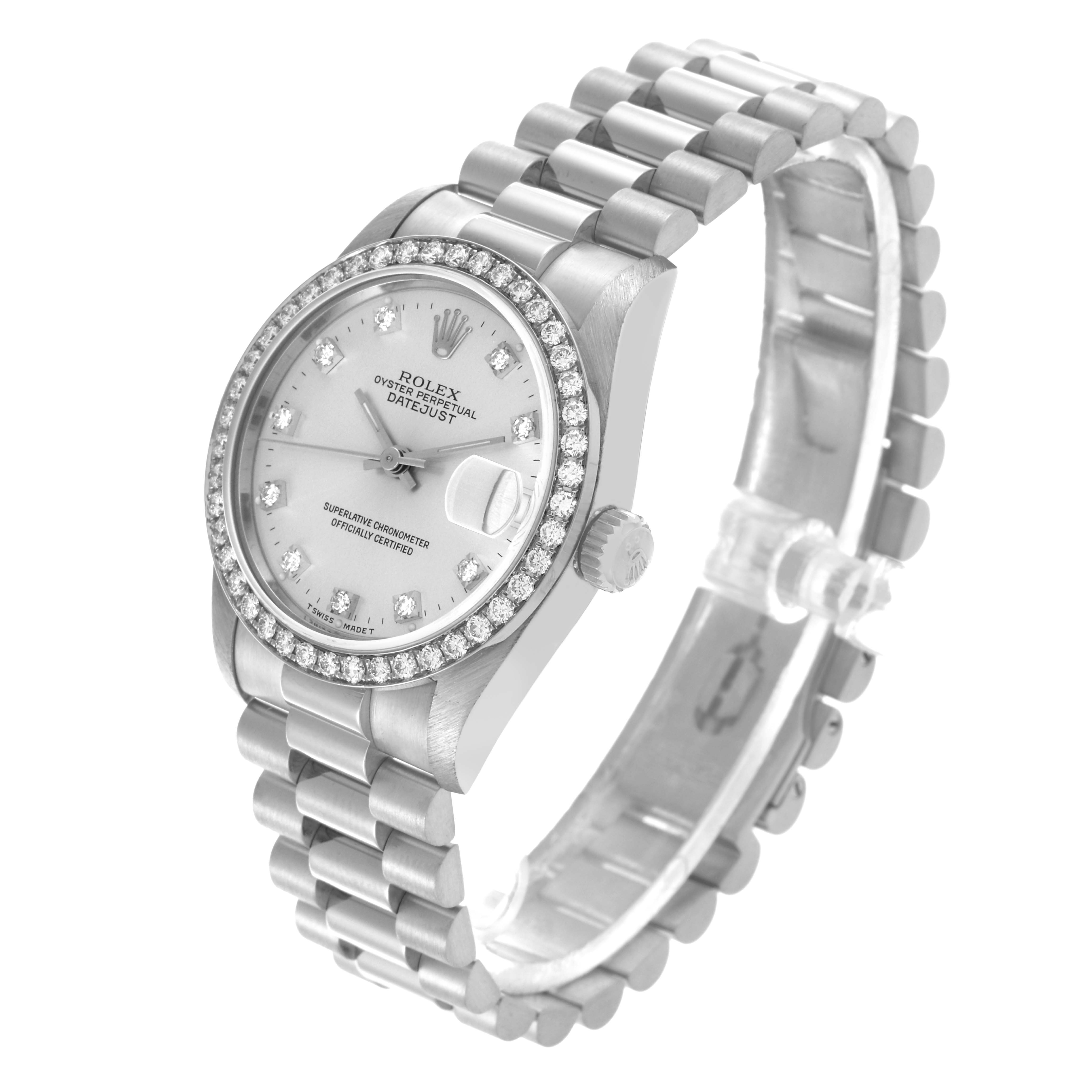 The Rolex President 68289 Women's White Gold Silver Dial 68289 Women's White Gold Silver Dial model is shown at an angle highlighting the bezel, dial, crown, and bracelet.