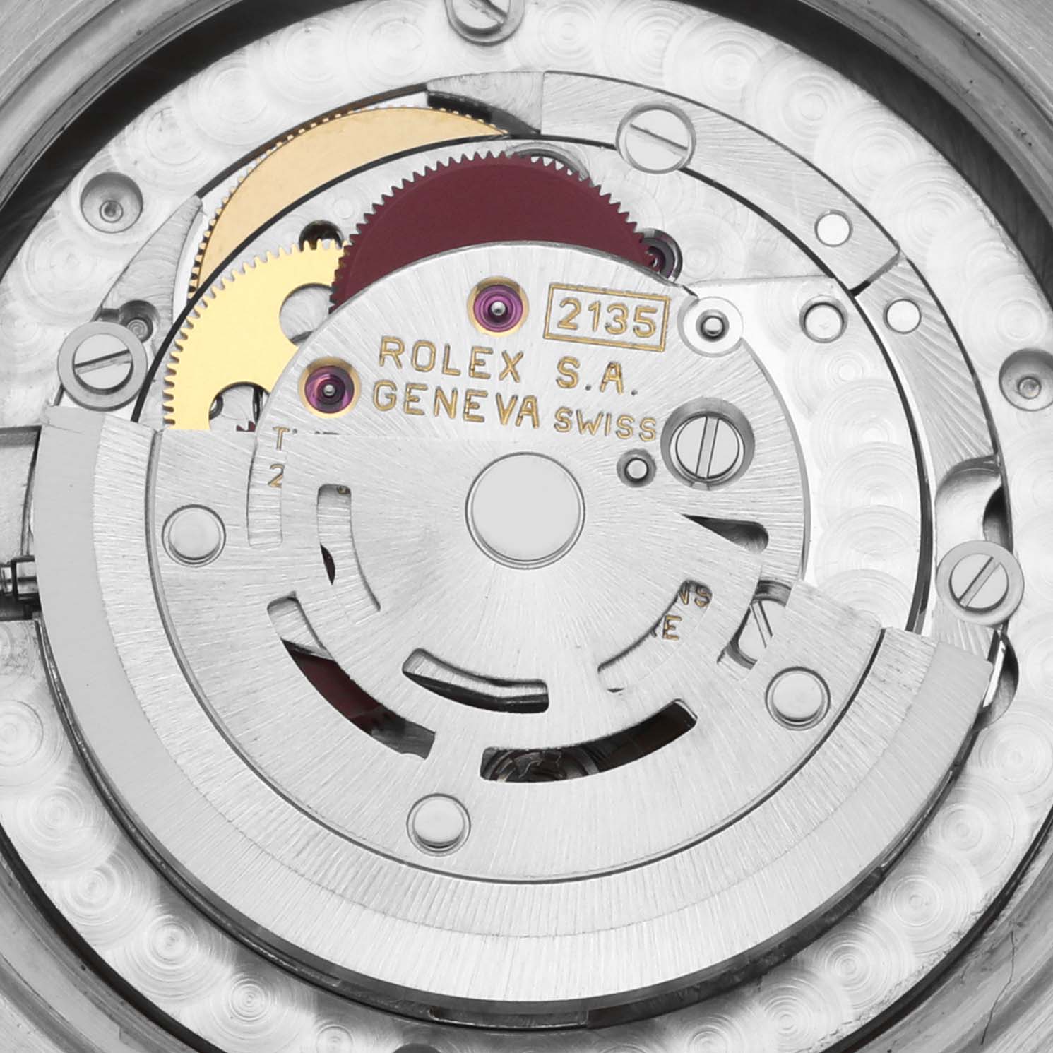 The image shows the intricate movement interior of the Rolex President 68289 Women's White Gold Silver Dial 68289 Women's White Gold Silver Dial model, highlighting gears and inscriptions.
