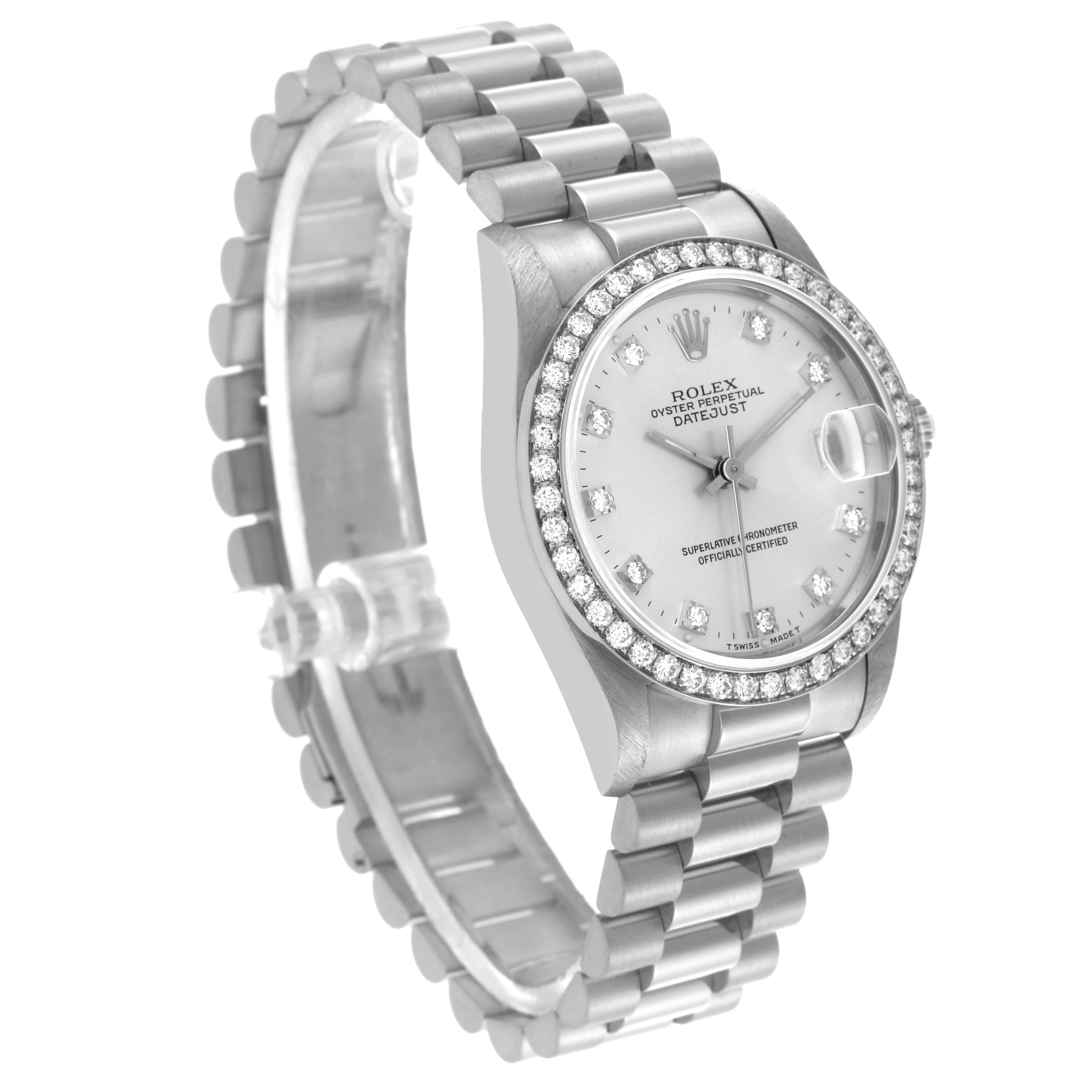 The Rolex President 68289 Women's White Gold Silver Dial 68289 Women's White Gold Silver Dial model is shown from a 3/4 angle, displaying the watch face, bezel, and bracelet.