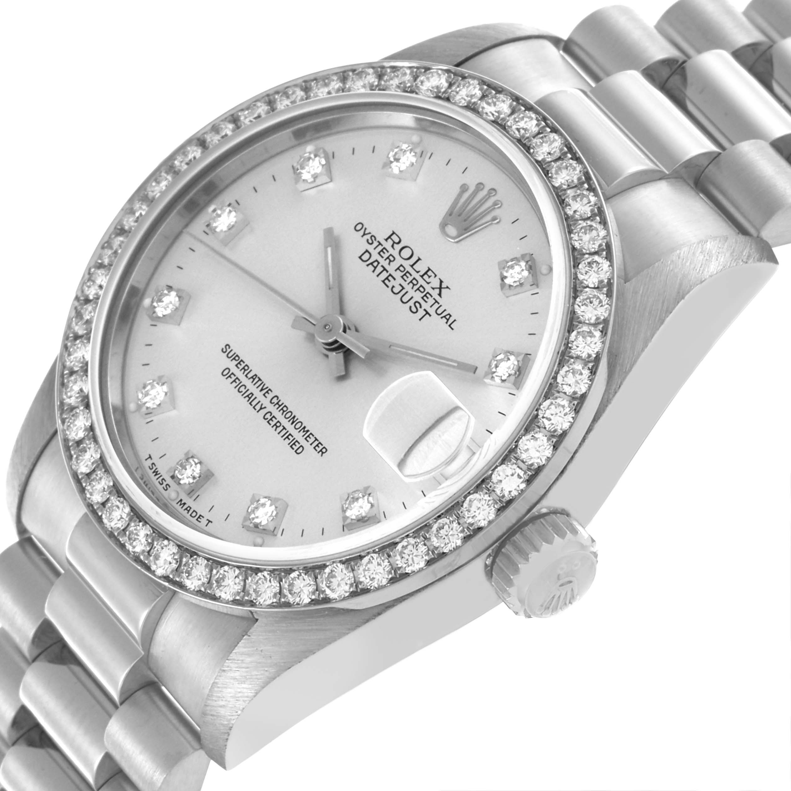 The Rolex President 68289 Women's White Gold Silver Dial 68289 Women's White Gold Silver Dial model watch is shown at an angled view, displaying the diamond bezel, dial, crown, and part of the bracelet.