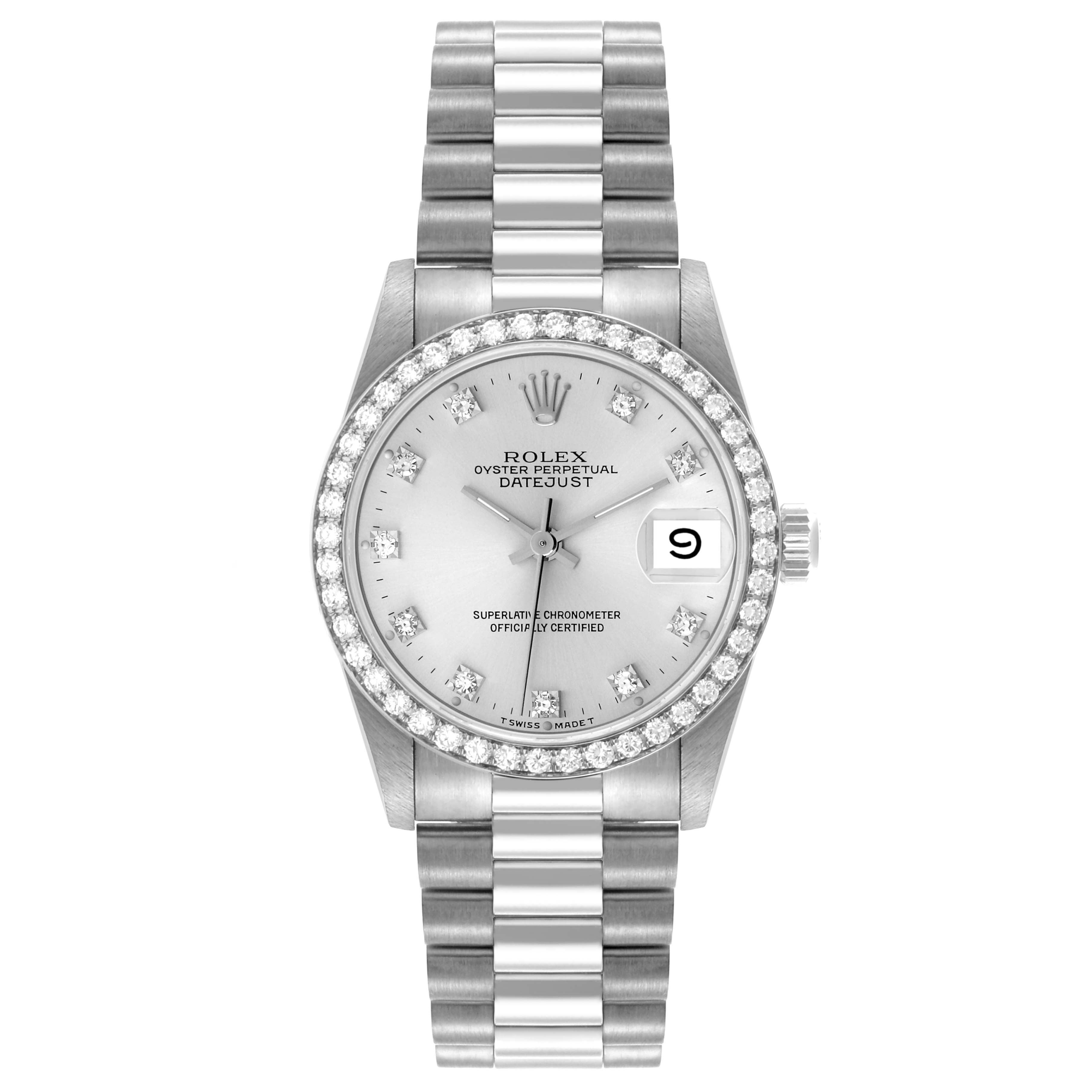 The Rolex President 68289 Women's White Gold Silver Dial 68289 Women's White Gold Silver Dial model watch is shown from a top-down angle, displaying the dial, bezel, and bracelet.